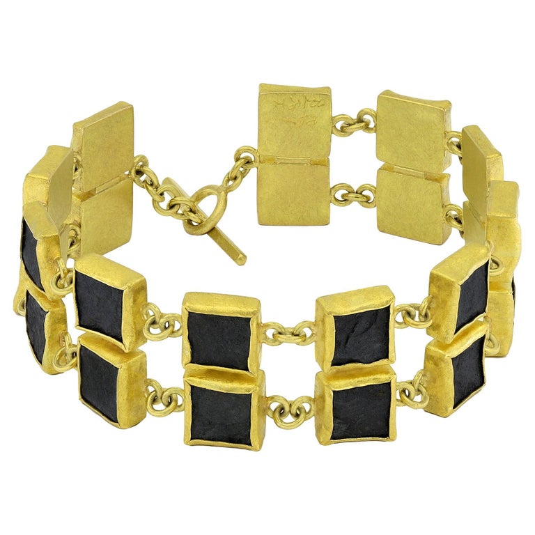 Matte Square Hematite Double Square 22k Gold Chain Links Bracelet