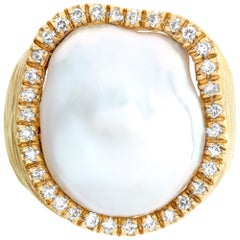 Matte yellow gold abstract square cocktail Baroque pearl ring w/ by diamonds