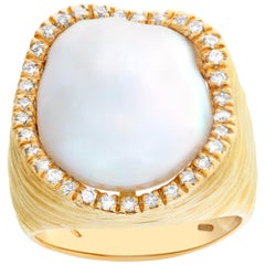 Matte yellow gold abstract square cocktail Baroque pearl ring w/ by diamonds