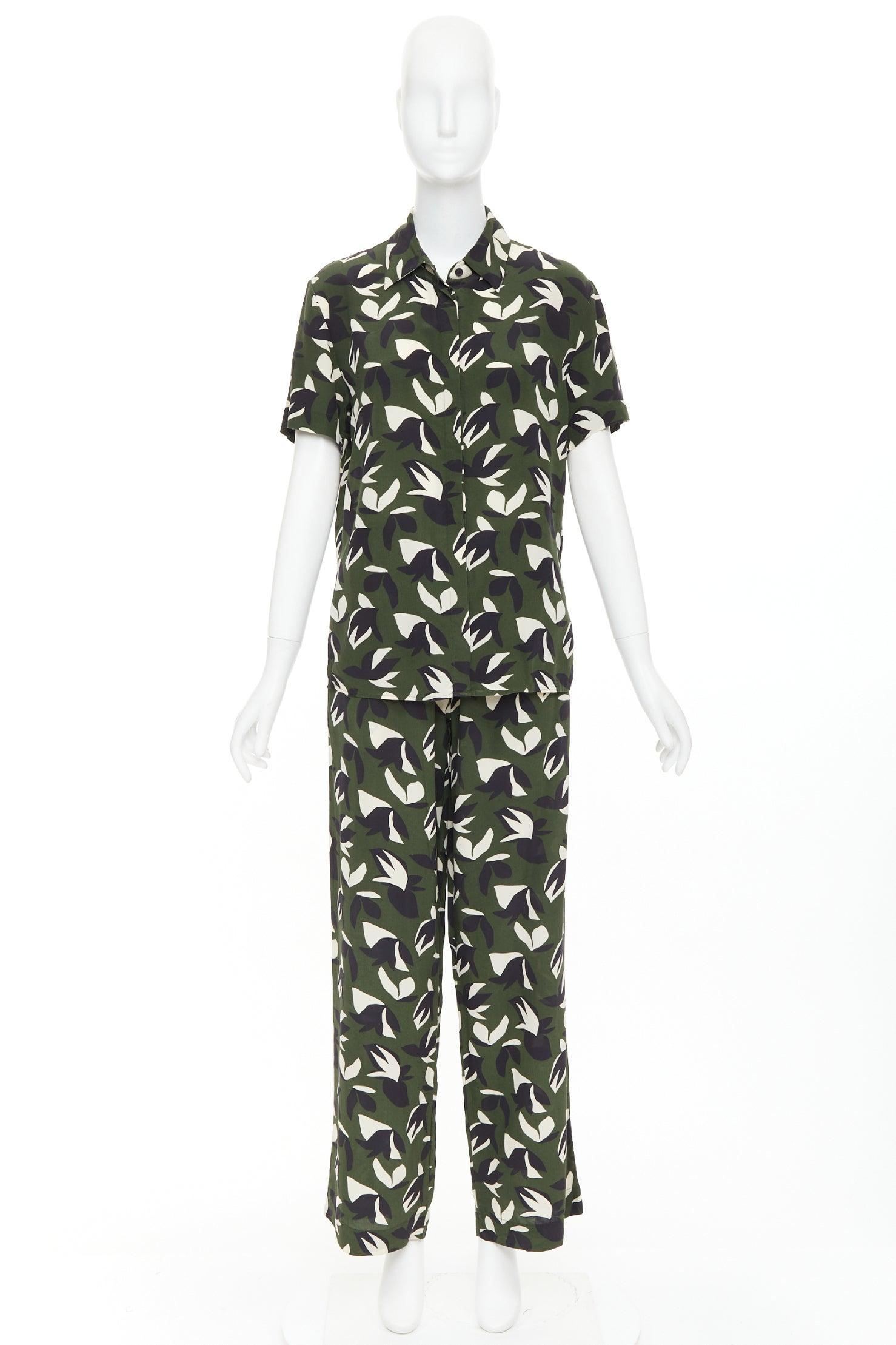 MATTEAU  100% silk  green black geometric print shirt pant set UK6 XS For Sale 6