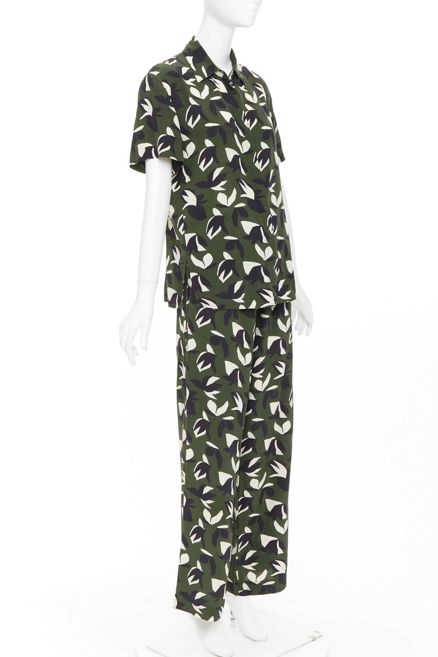 Black MATTEAU  100% silk  green black geometric print shirt pant set UK6 XS For Sale