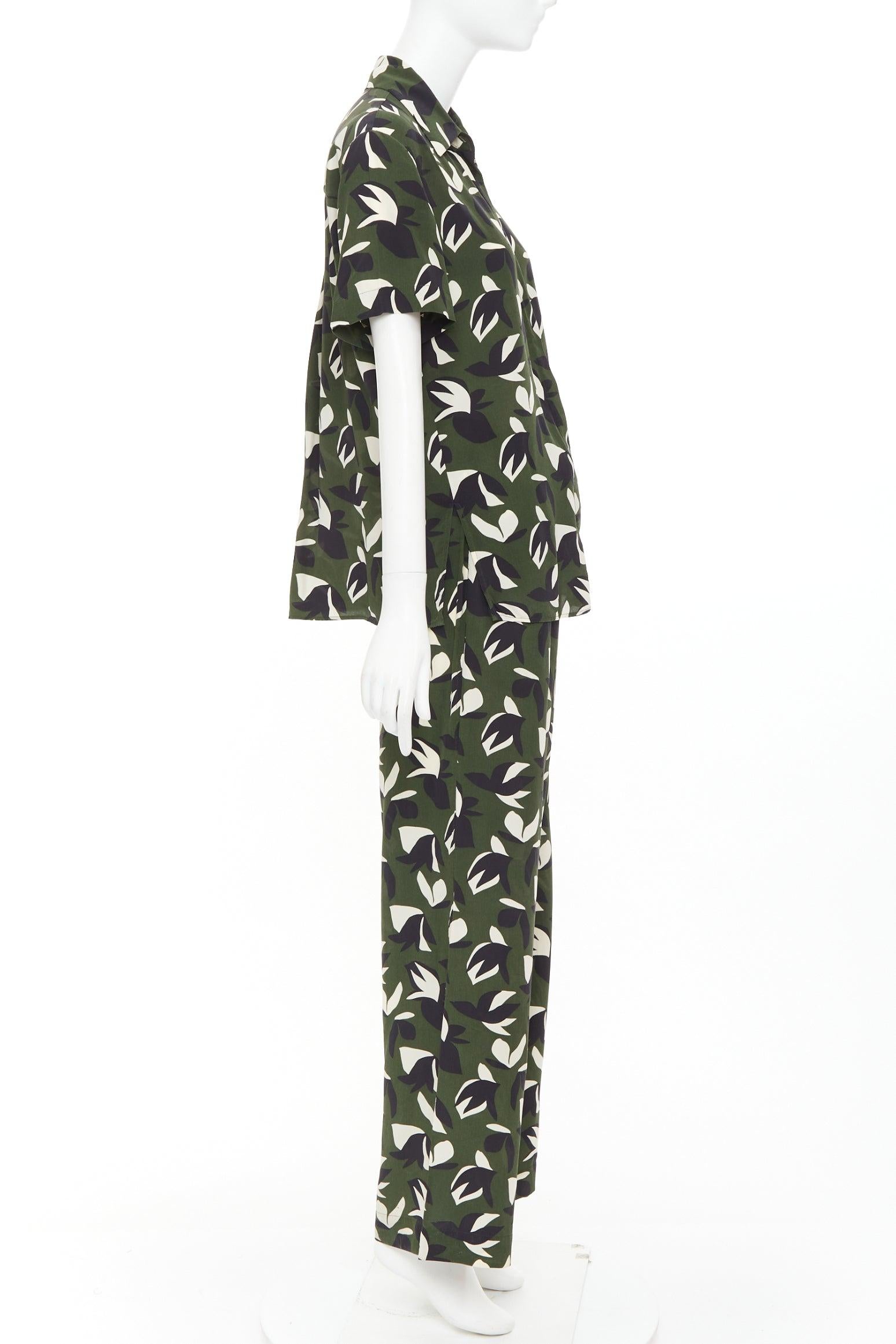 MATTEAU  100% silk  green black geometric print shirt pant set UK6 XS In Excellent Condition For Sale In Hong Kong, NT