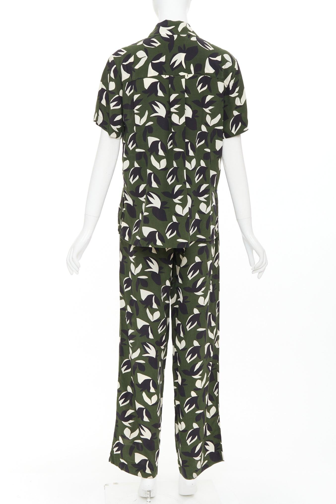 Women's MATTEAU  100% silk  green black geometric print shirt pant set UK6 XS For Sale