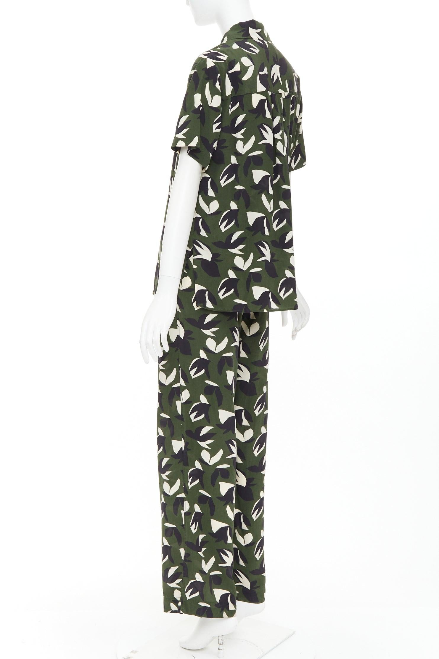 MATTEAU  100% silk  green black geometric print shirt pant set UK6 XS For Sale 1