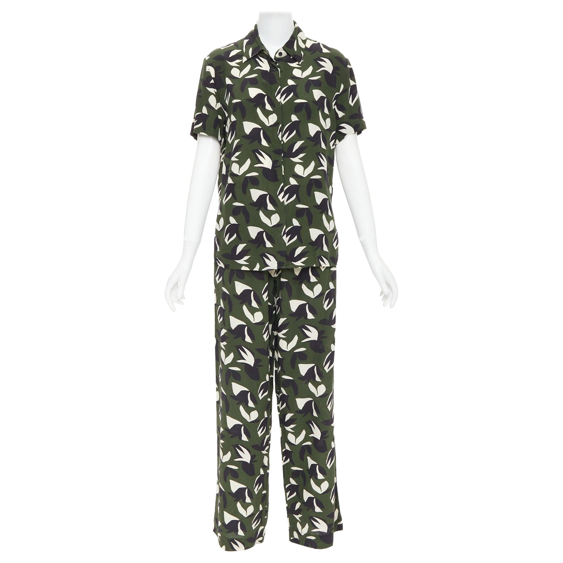 MATTEAU 100% silk green black geometric print shirt pant set UK6 XS