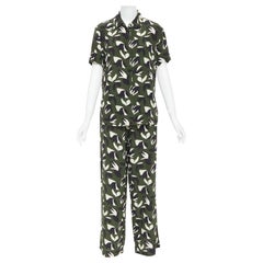 MATTEAU 100% silk green black geometric print shirt pant set UK6 XS