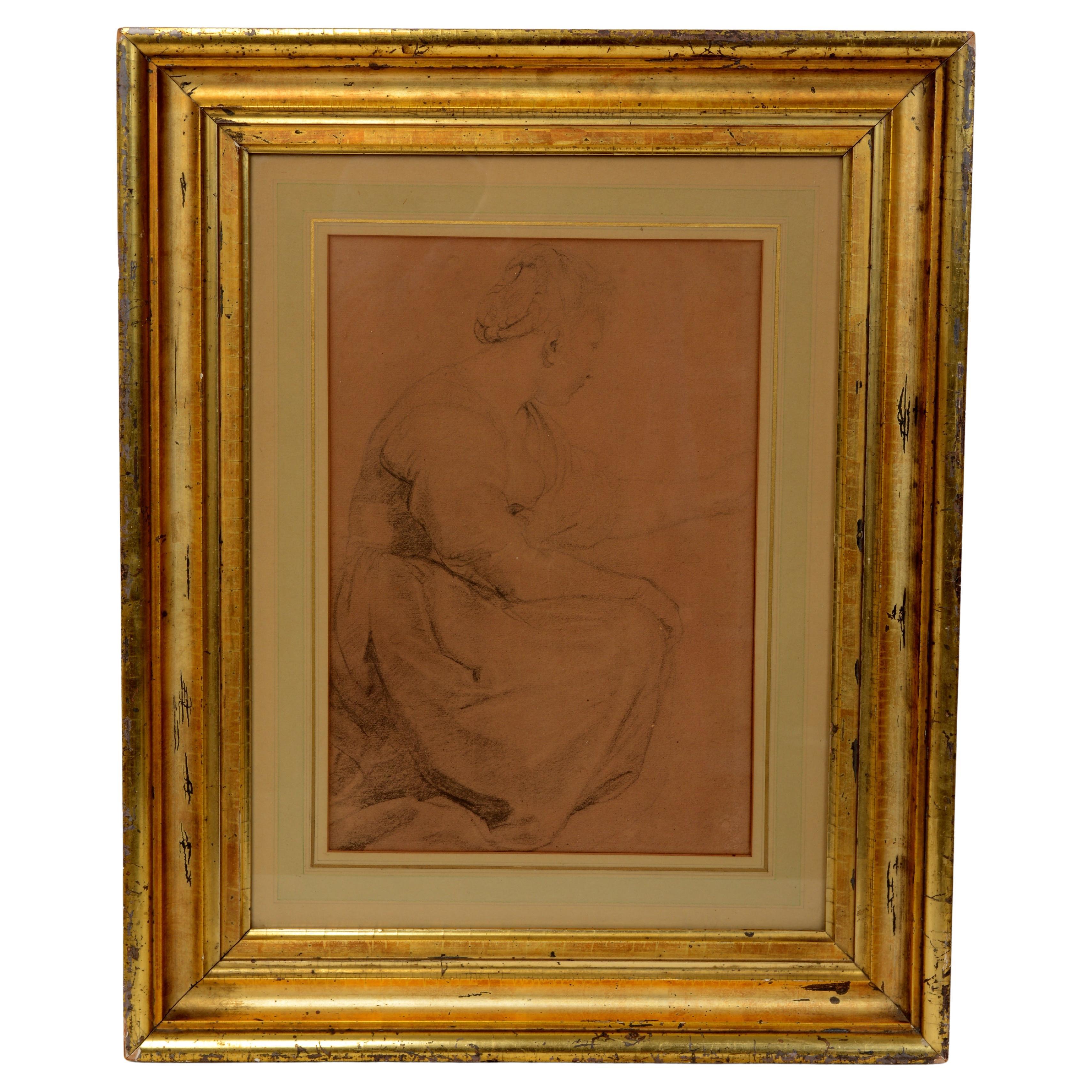 Matted and Framed 19th c French Academia Drawing of a Seated Woman