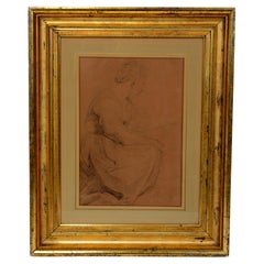 Antique Matted and Framed 19th c French Academia Drawing of a Seated Woman