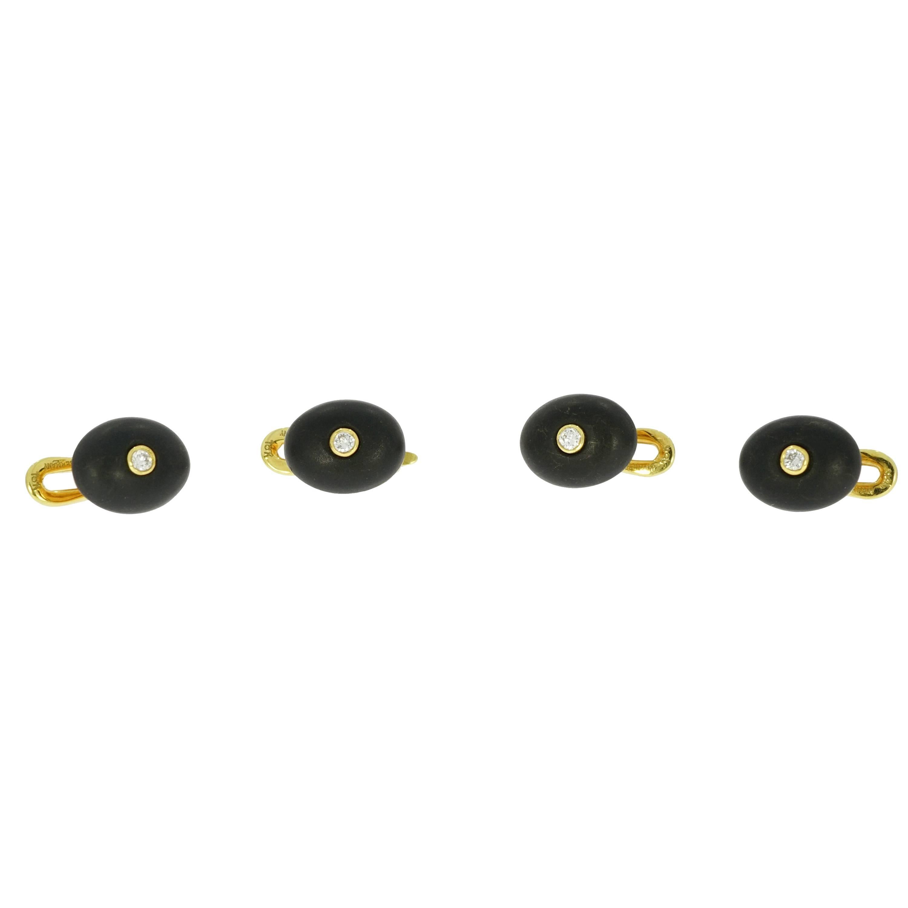 Matted Onyx and Diamond Yellow Gold Formal Dress-Stud Set For Sale