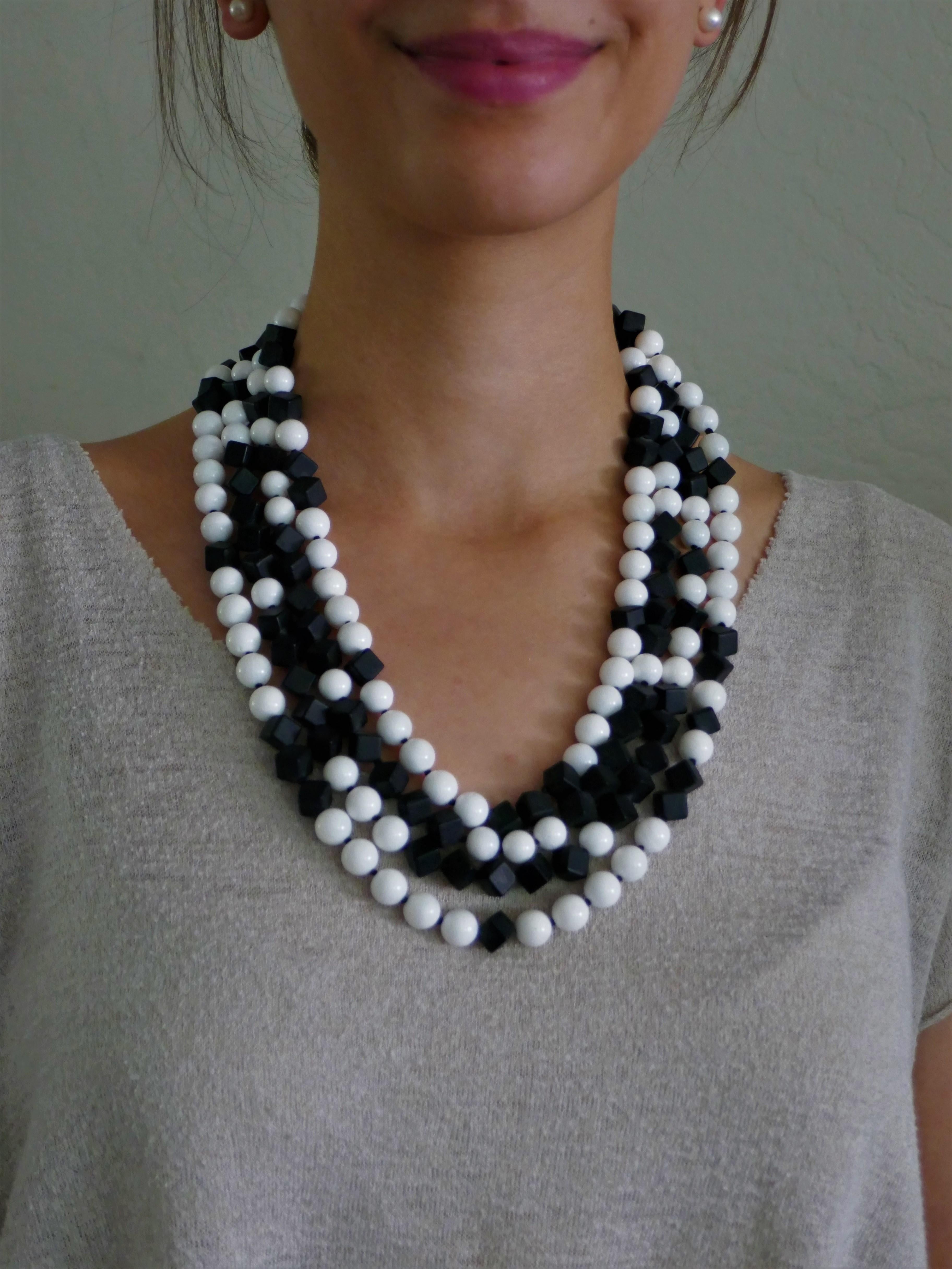 Matted Onyx White Shell Beads 925 Sterling Silver Long Necklace For Sale 6