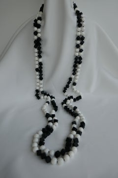 Matted Onyx White Shell Beads 925 Sterling Silver Long Necklace