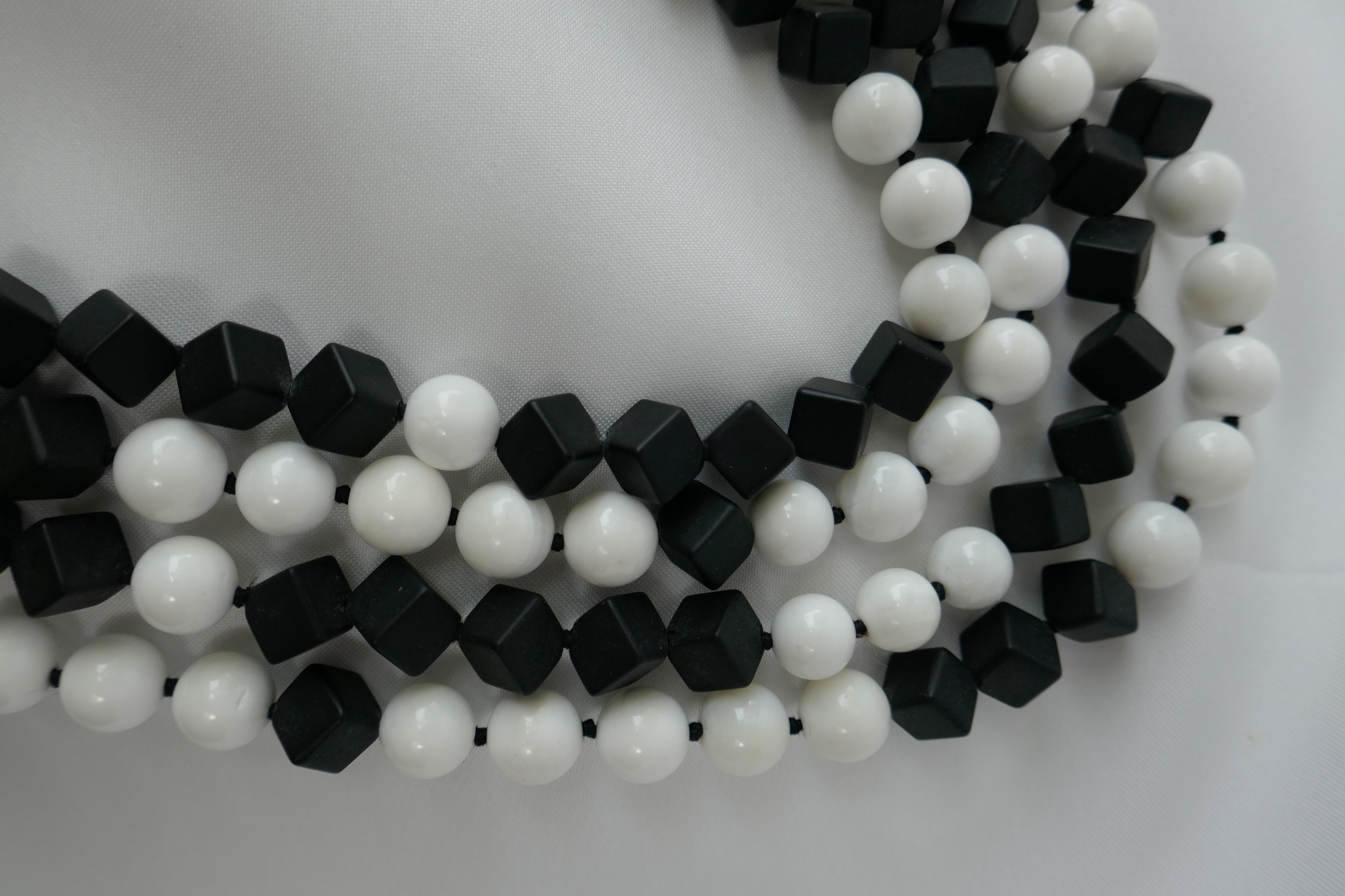 Contemporary Matted Onyx White Shell Beads 925 Sterling Silver Long Necklace For Sale