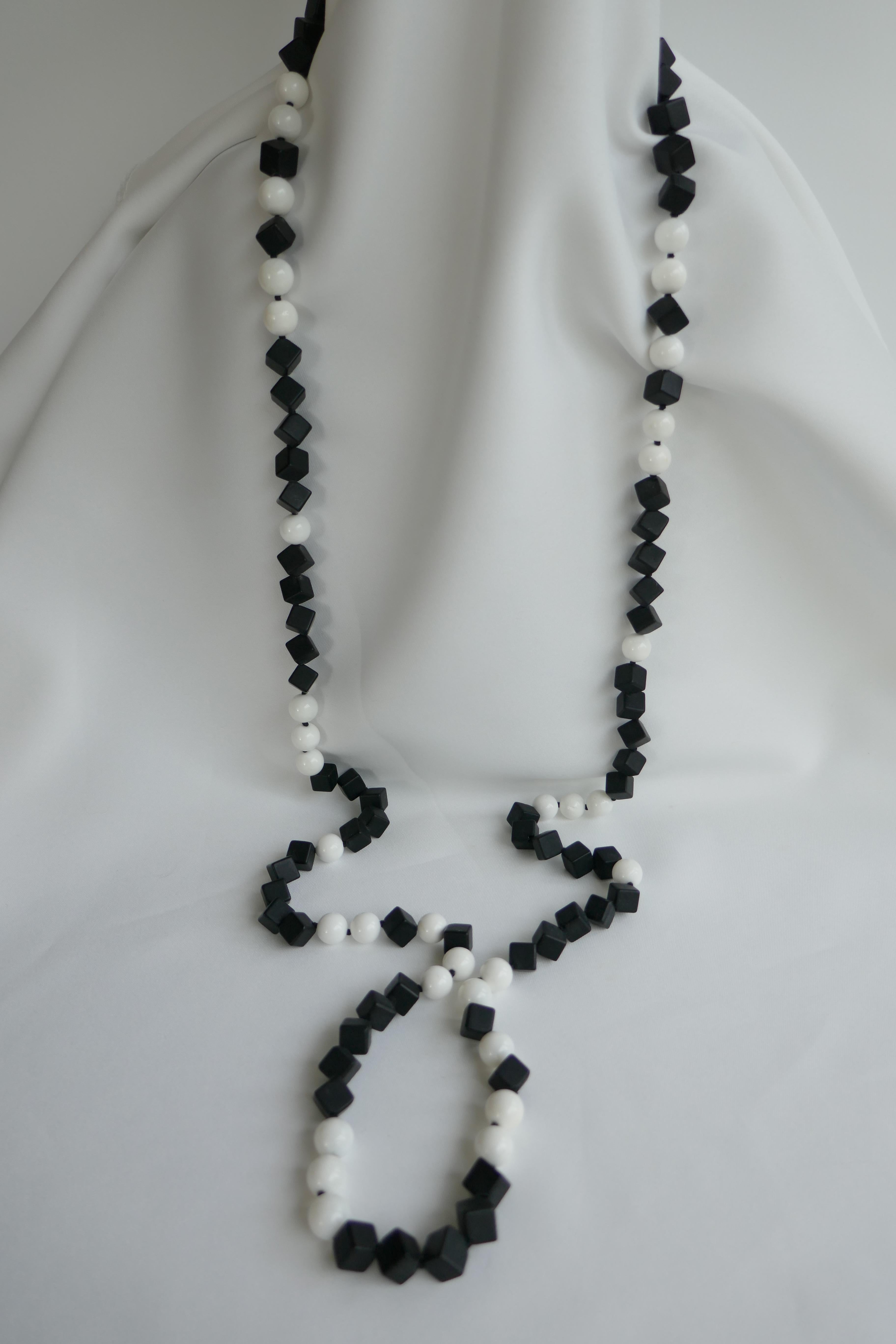 Matted Onyx White Shell Beads 925 Sterling Silver Long Necklace In New Condition For Sale In Coral Gables, FL