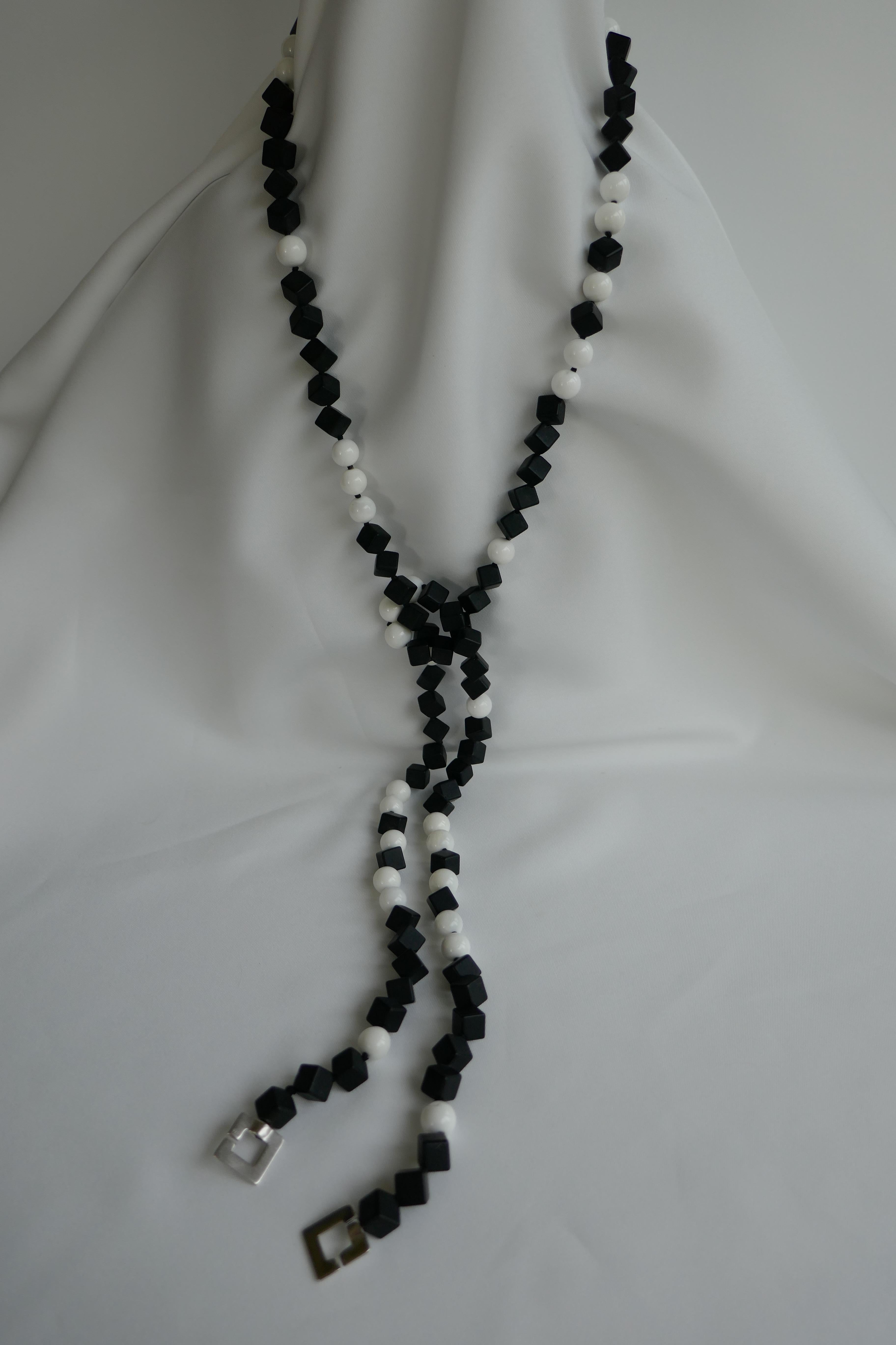 Women's Matted Onyx White Shell Beads 925 Sterling Silver Long Necklace For Sale