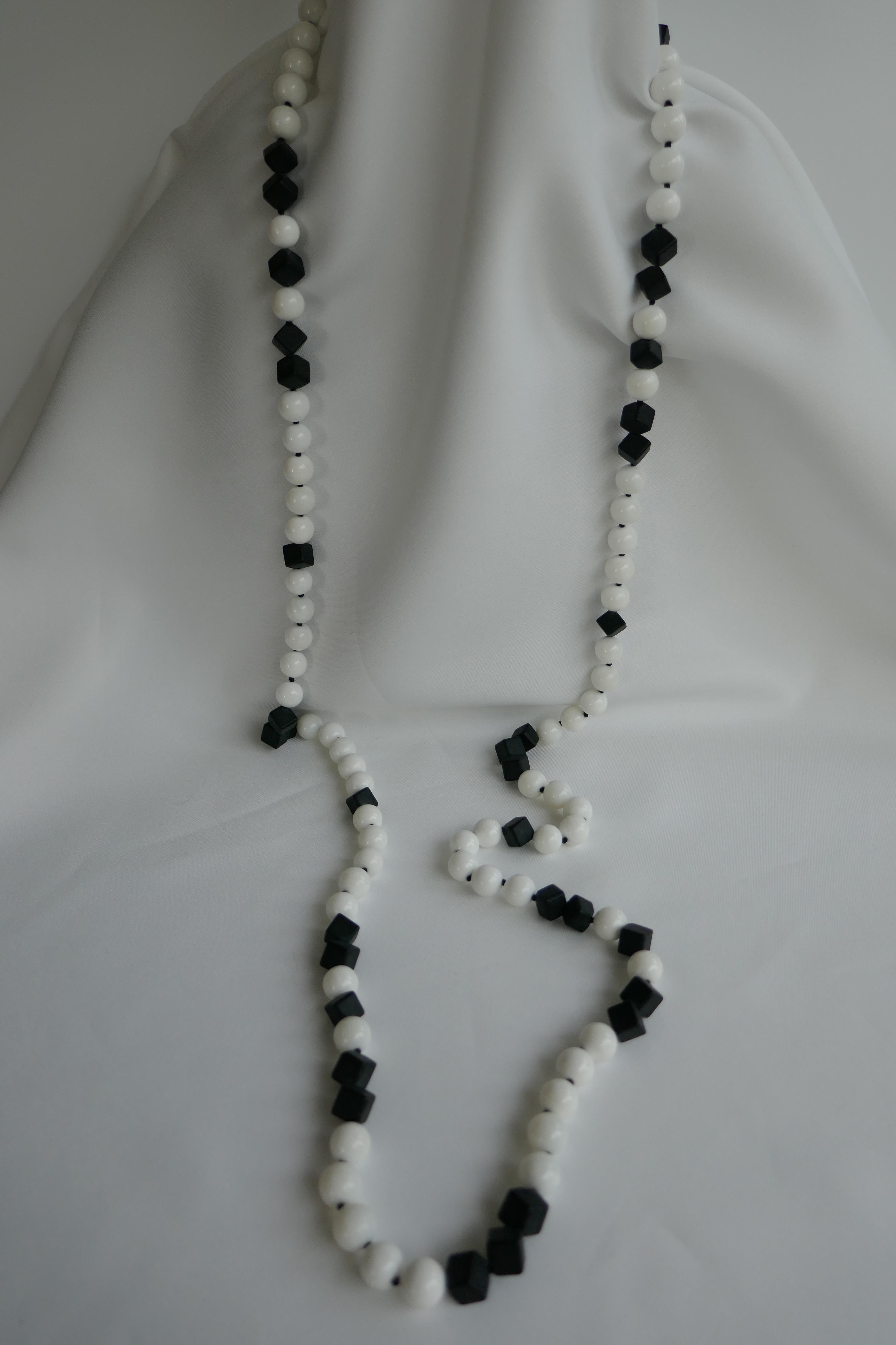 Matted Onyx White Shell Beads 925 Sterling Silver Long Necklace For Sale 1