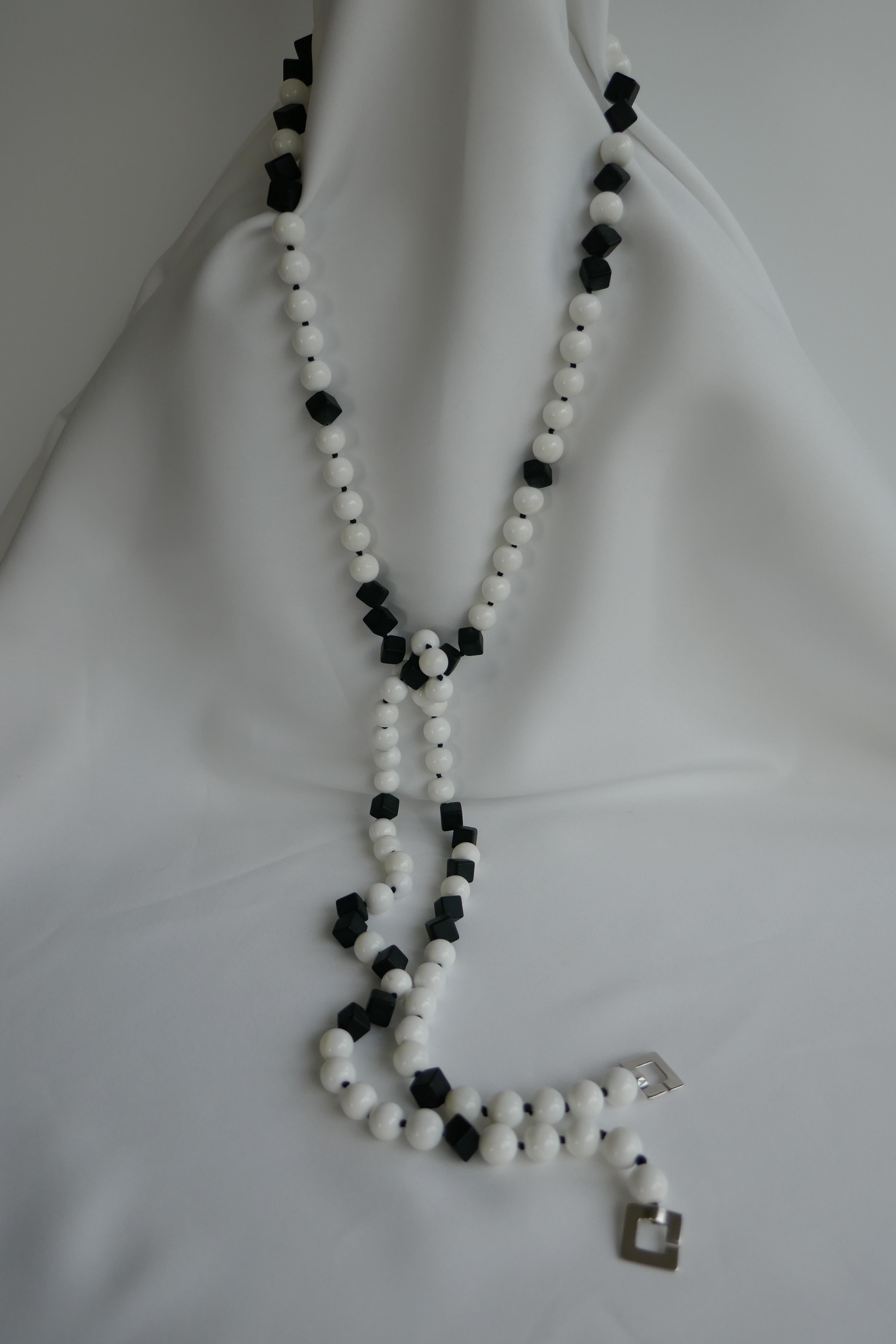 Matted Onyx White Shell Beads 925 Sterling Silver Long Necklace For Sale 2
