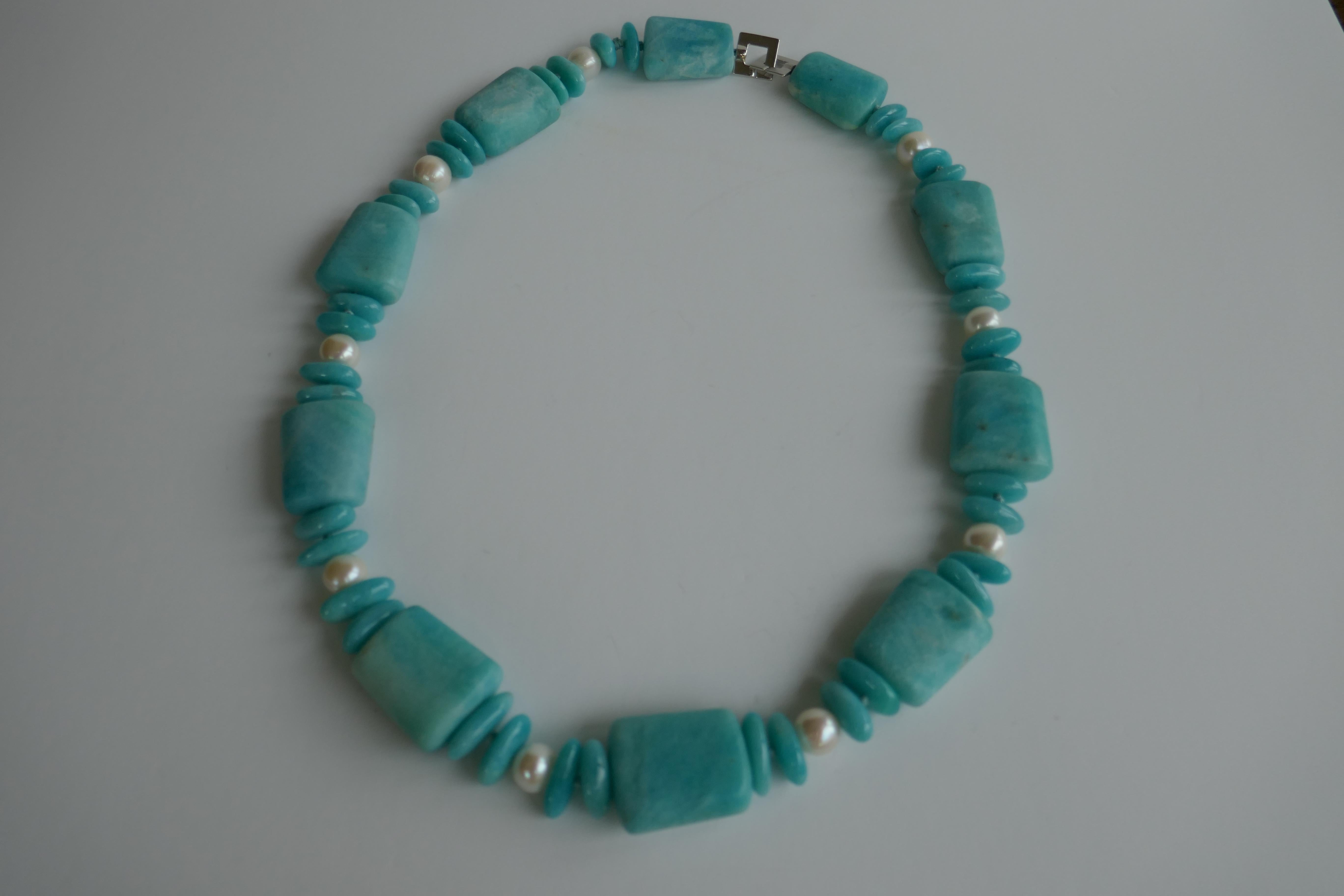 Matted Polished Amazonite White Cultured Pearls 925 Sterling Clasp Necklace In New Condition For Sale In Coral Gables, FL