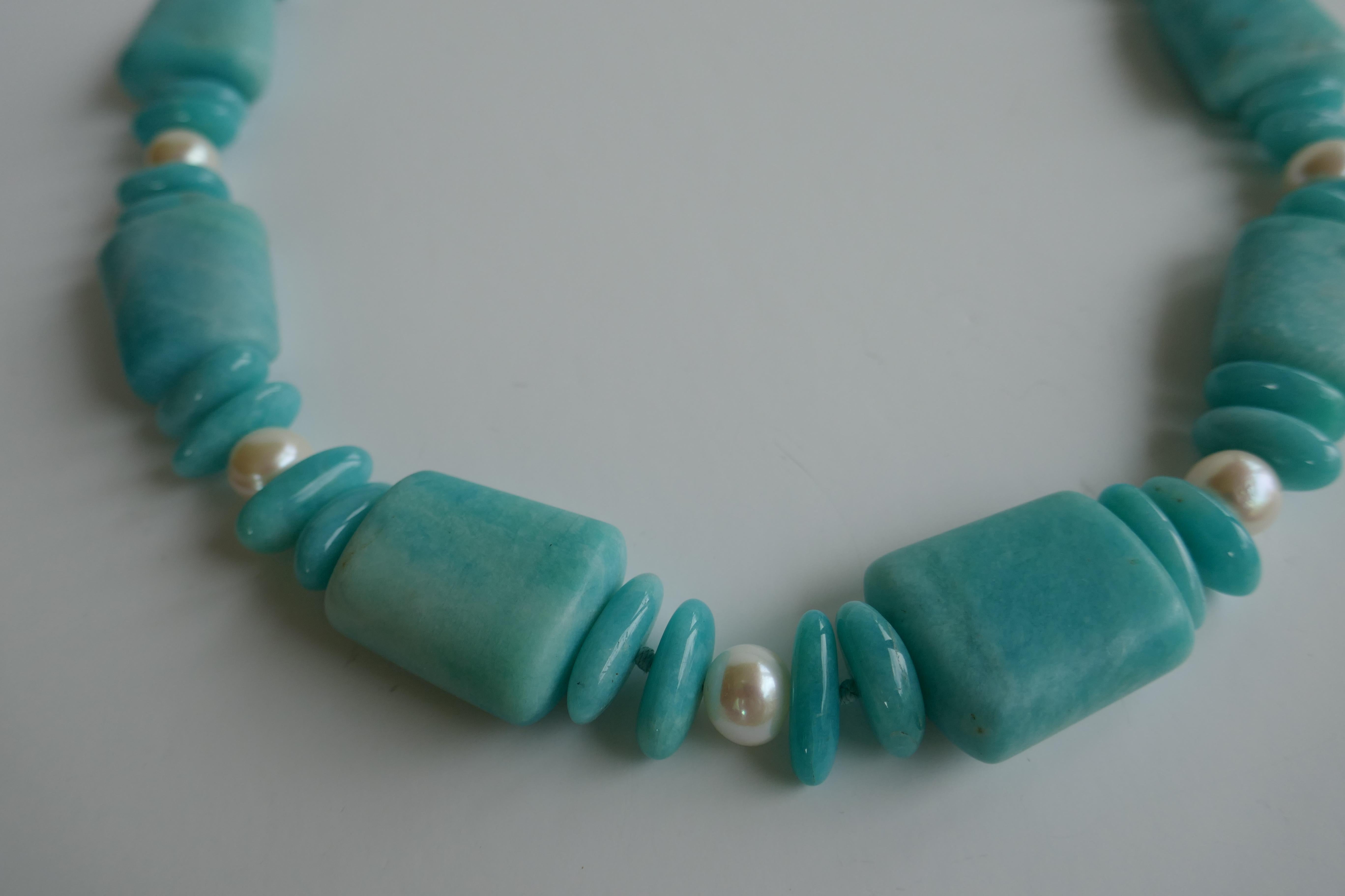 Women's Matted Polished Amazonite White Cultured Pearls 925 Sterling Clasp Necklace For Sale