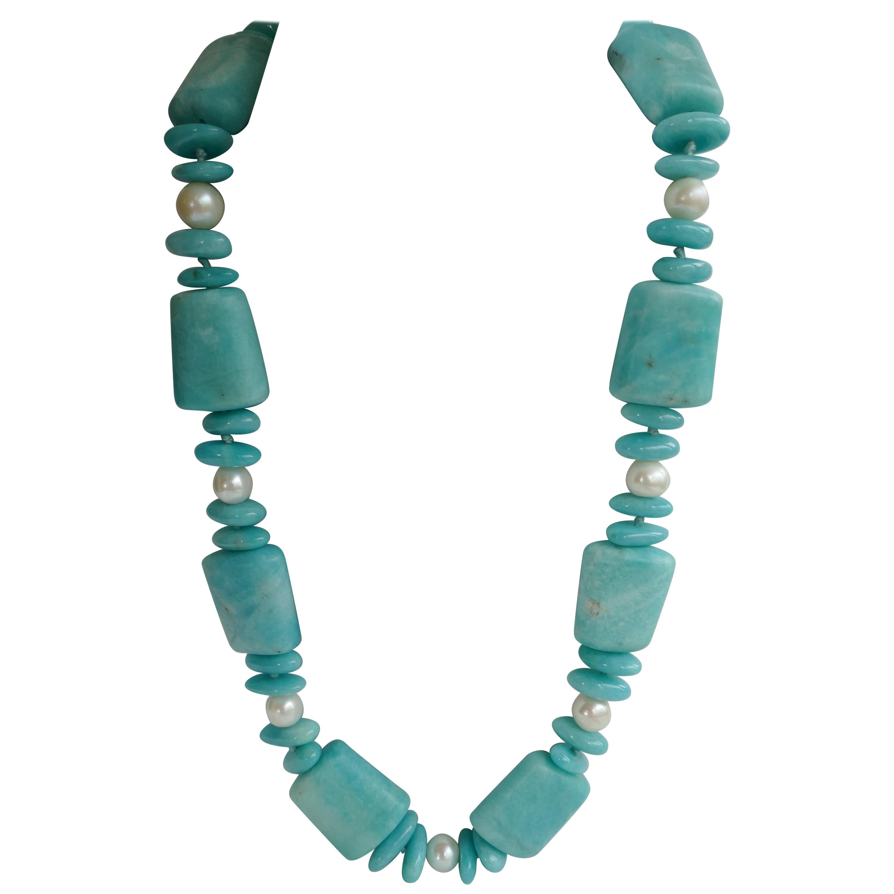 Matted Polished Amazonite White Cultured Pearls 925 Sterling Clasp Necklace For Sale