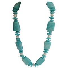 Matted Polished Amazonite White Cultured Pearls 925 Sterling Clasp Necklace