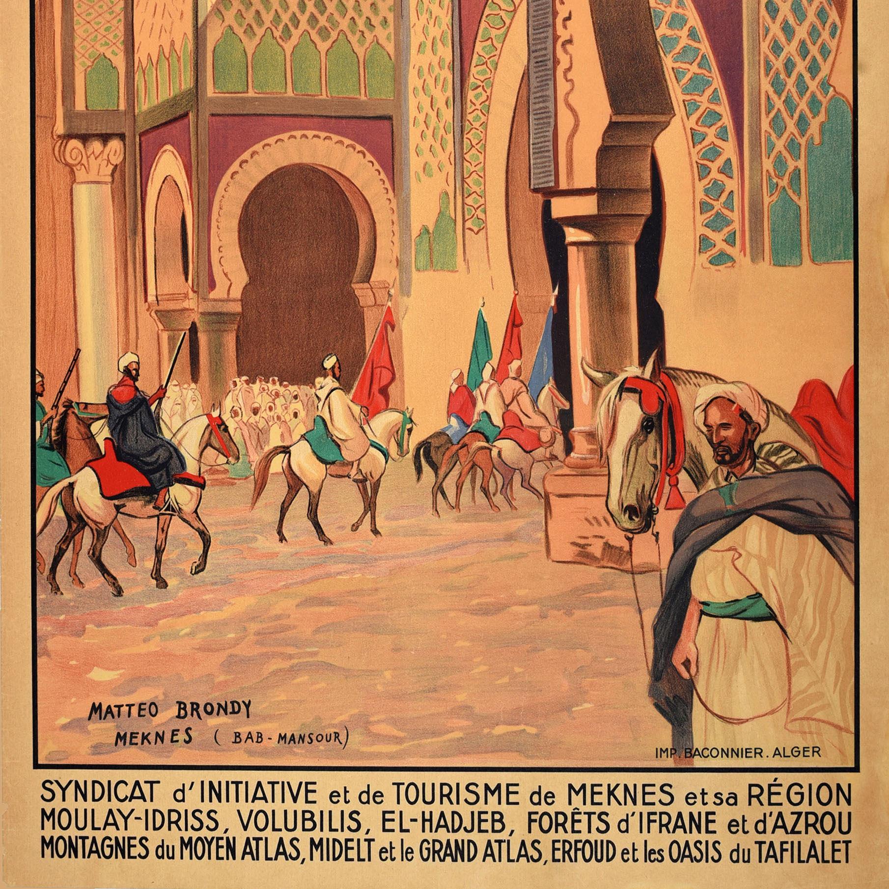 Original Antique North Africa Travel Poster Meknes Morocco Bab Mansour Brondy - Brown Print by Mattéo Brondy