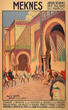Affiche de voyage originale ancienne d'Afrique du Nord Meknes Maroc Bab Mansour en bronze
