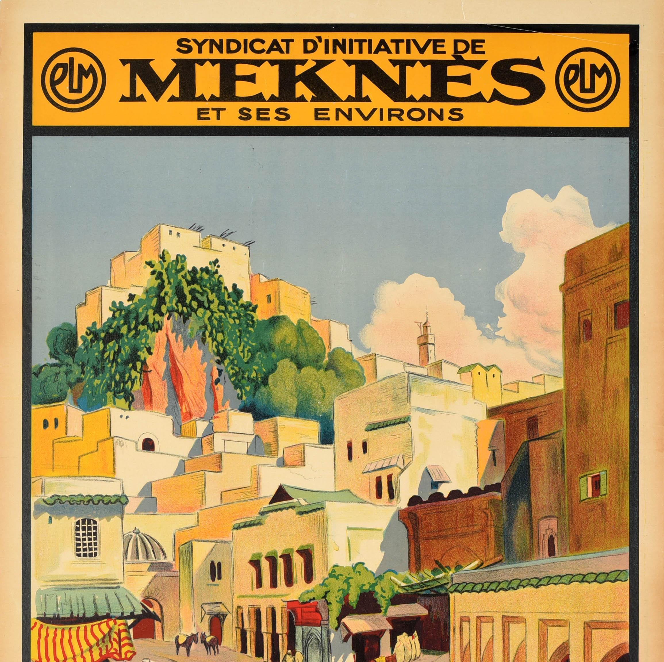 Original Vintage Travel Poster Moulay Idriss Morocco Meknes Zerhoun PLM Railway - Beige Print by Mattéo Brondy