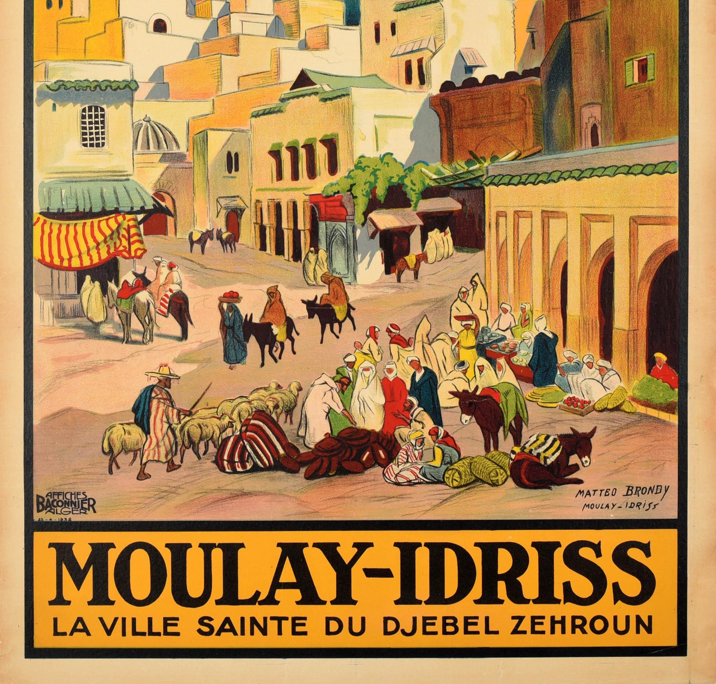 Original vintage travel poster issued by the PLM Paris Lyon Mediterranee railway for Moulay Idriss The Holy City Of Djebel Zerhoun featuring a colourful view of people walking along the hill town streets with a man shepherding a flock of sheep by a