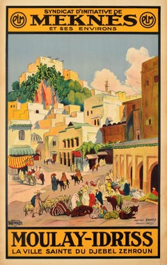 Poster di viaggio originale d'epoca Moulay Idriss Marocco Meknes Zerhoun PLM Ferrovia
