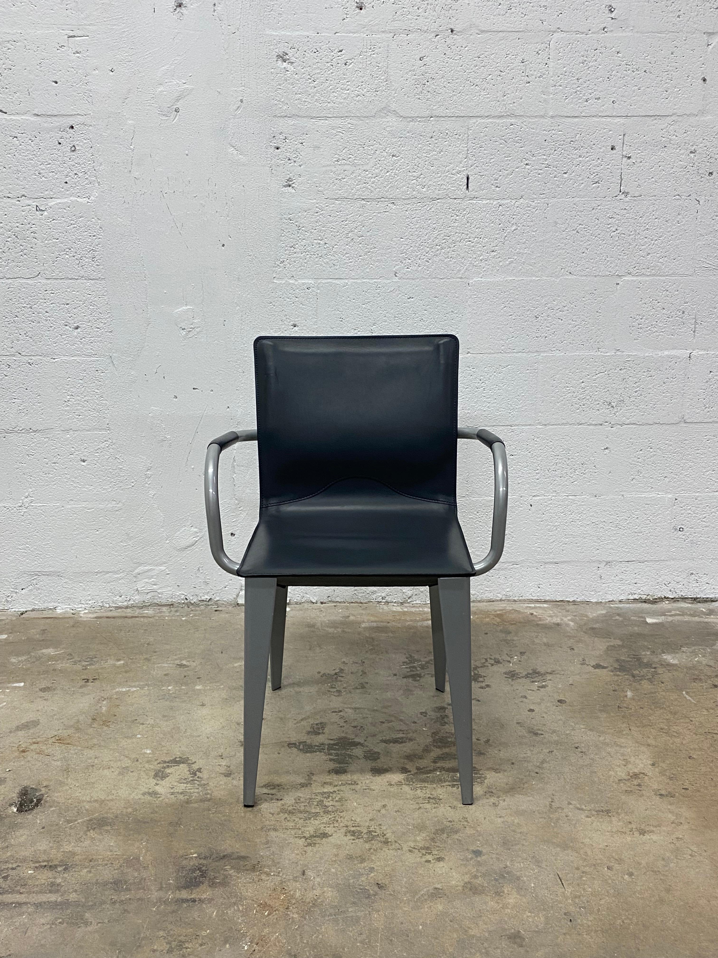 Dark gray leather arm chair with a gray-silver lacquer steel frame by Matteo Grassi, Italy.