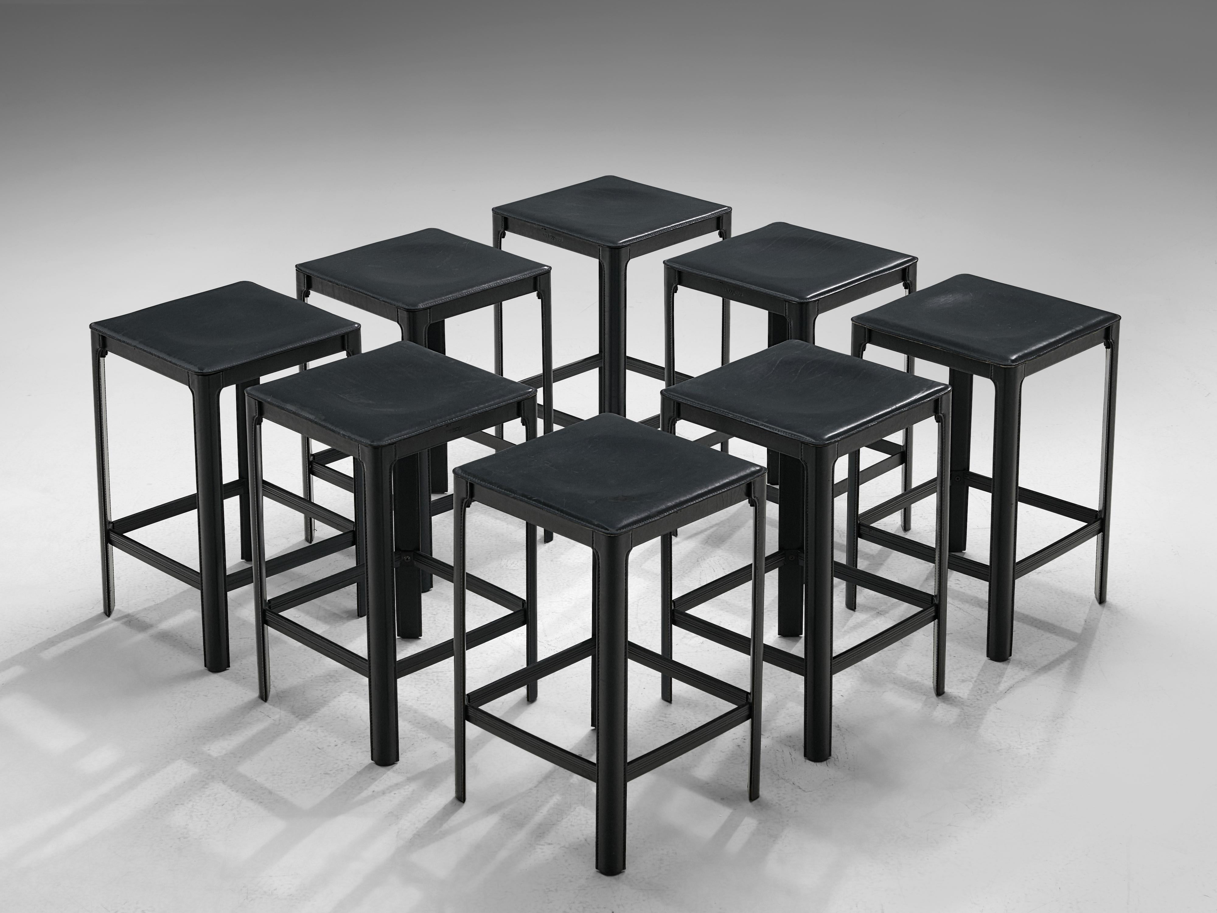 Matteo Grassi, stools, leather, metal, Italy, 1970s

Postmodern set of stools in black leather, designed by Matteo Grassi. The stools are completely covered in leather, which is stitched and molded on to the metal frame, a type of architectural