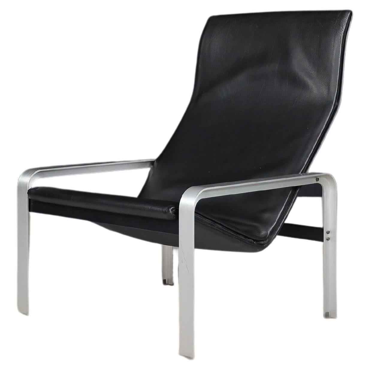 Matteo Grassi Black Leather Lounge Chair, Italy, 1970s For Sale