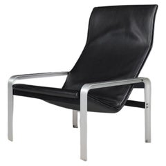 Matteo Grassi Black Leather Lounge Chair, Italy, 1970s