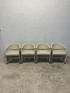 Matteo Grassi Cream Leather Barrel Back Dining Arm Chairs - Set of Four