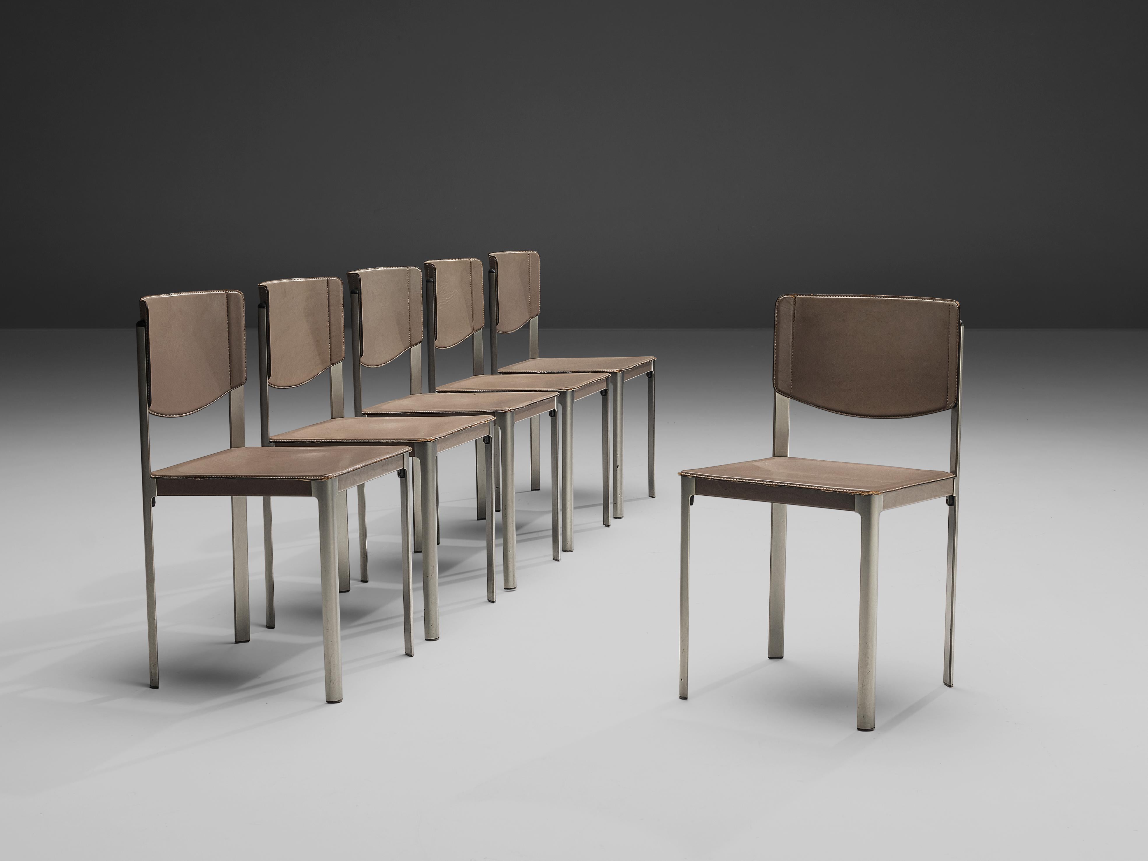 Matteo Grassi ensemble de six chaises de salle à manger en cuir et acier en vente 7