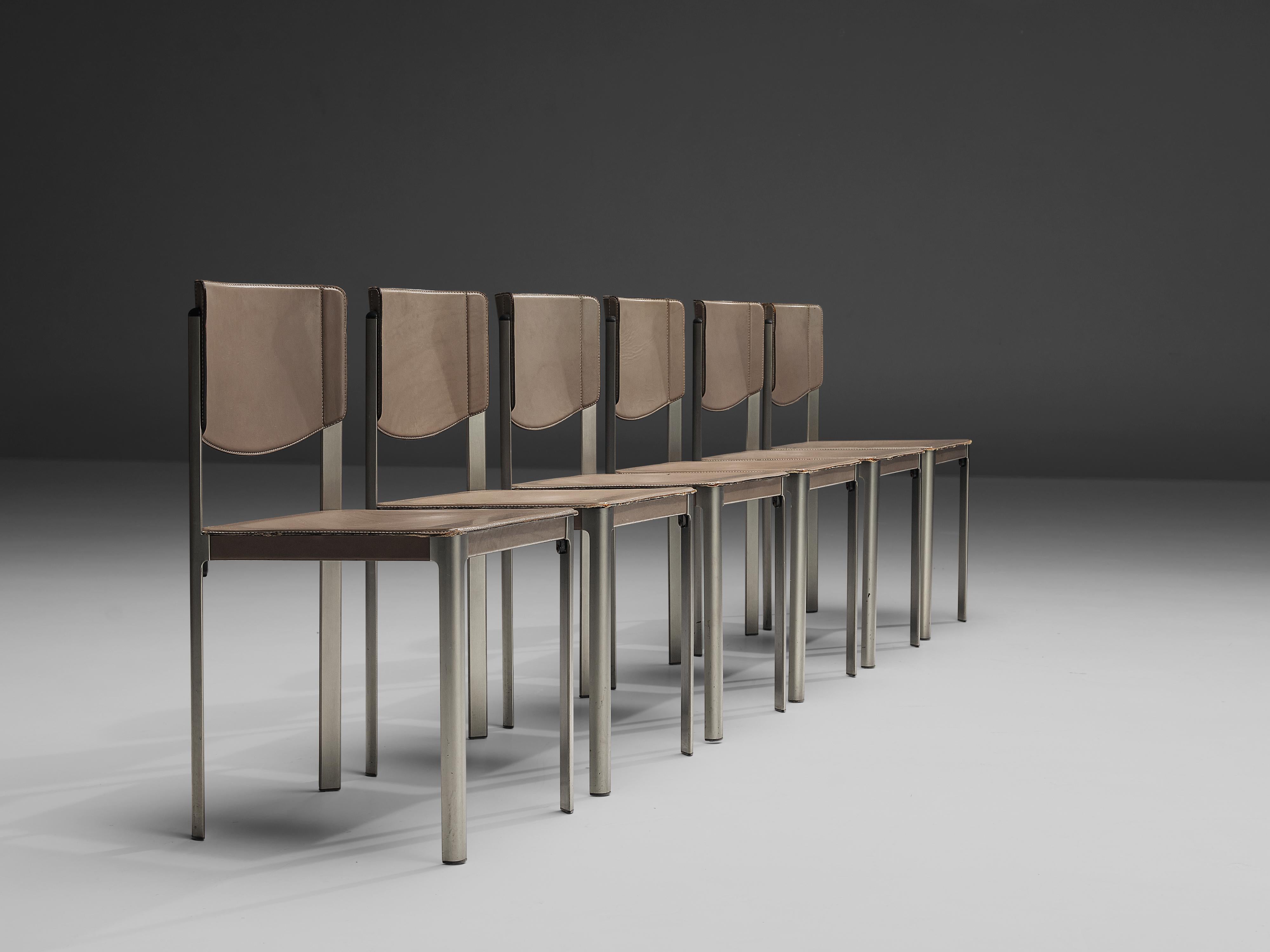 Italian Matteo Grassi Set of Six Dining Chairs in Leather and Steel For Sale