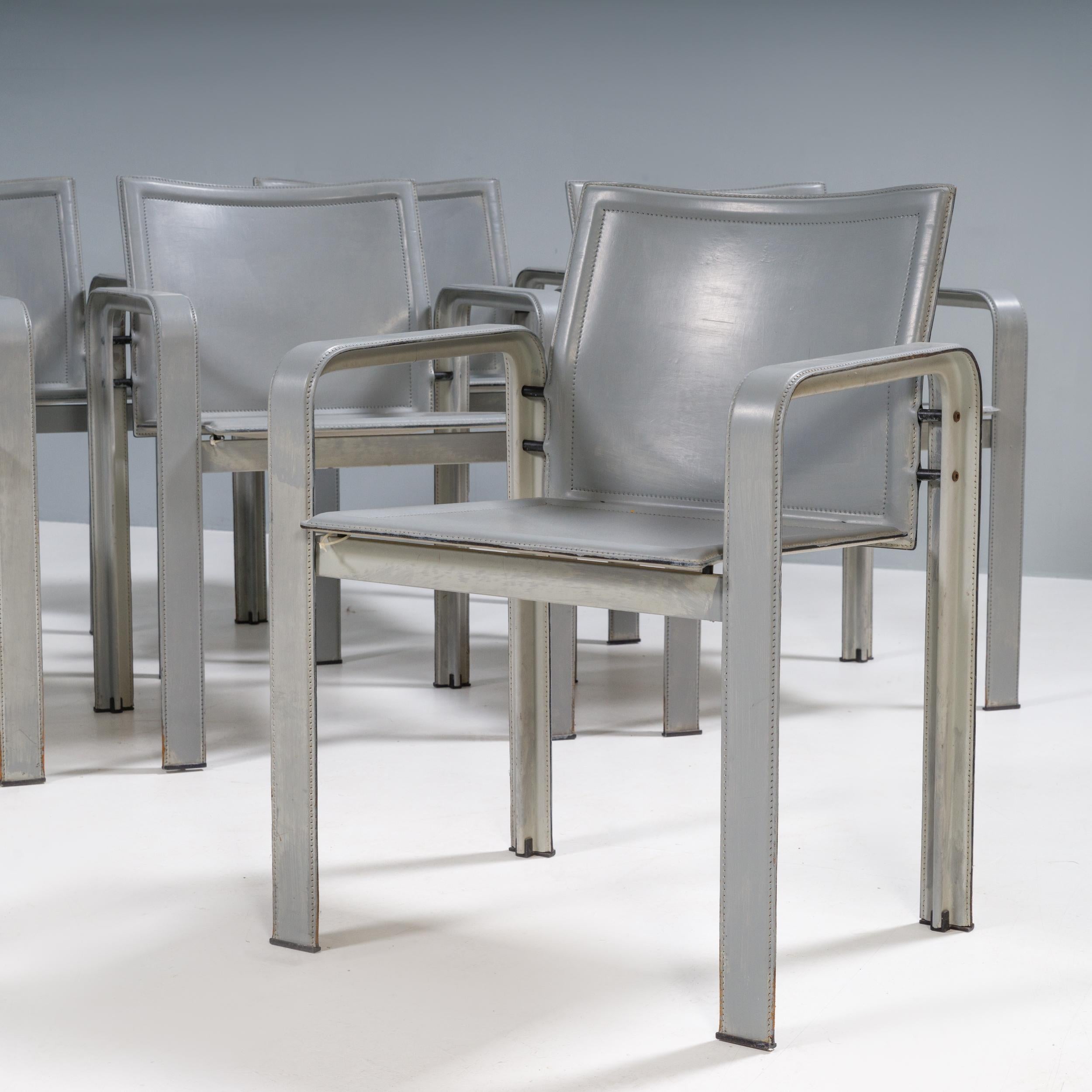Matteo Grassi Golfo Dei Poeti Grey Leather Dining Chairs, Set of 10 In Fair Condition For Sale In London, GB