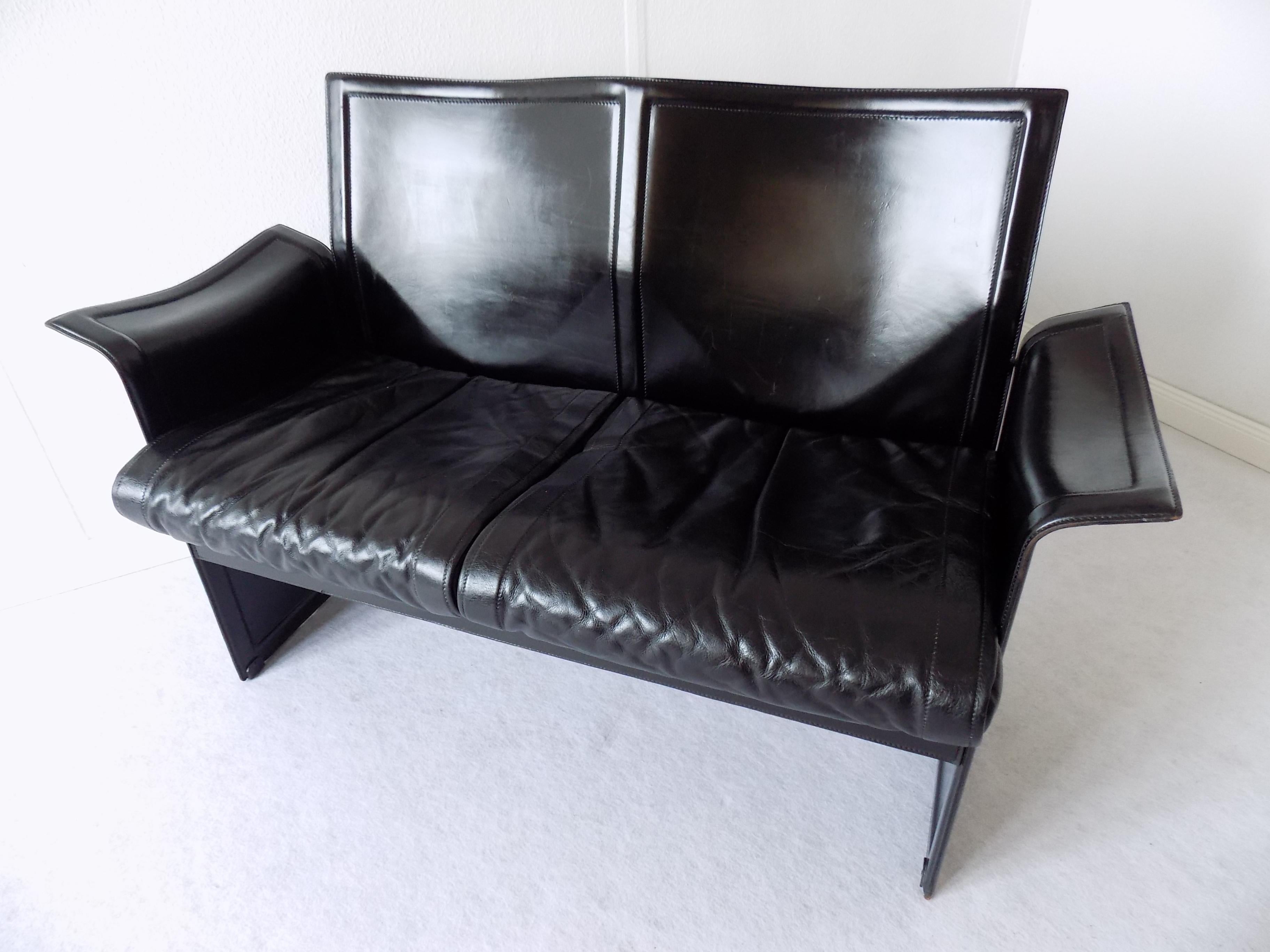 Matteo Grassi Korium 2-Seat by Tito Agnoli, Black Saddle Leather, Italian, 70s For Sale 7