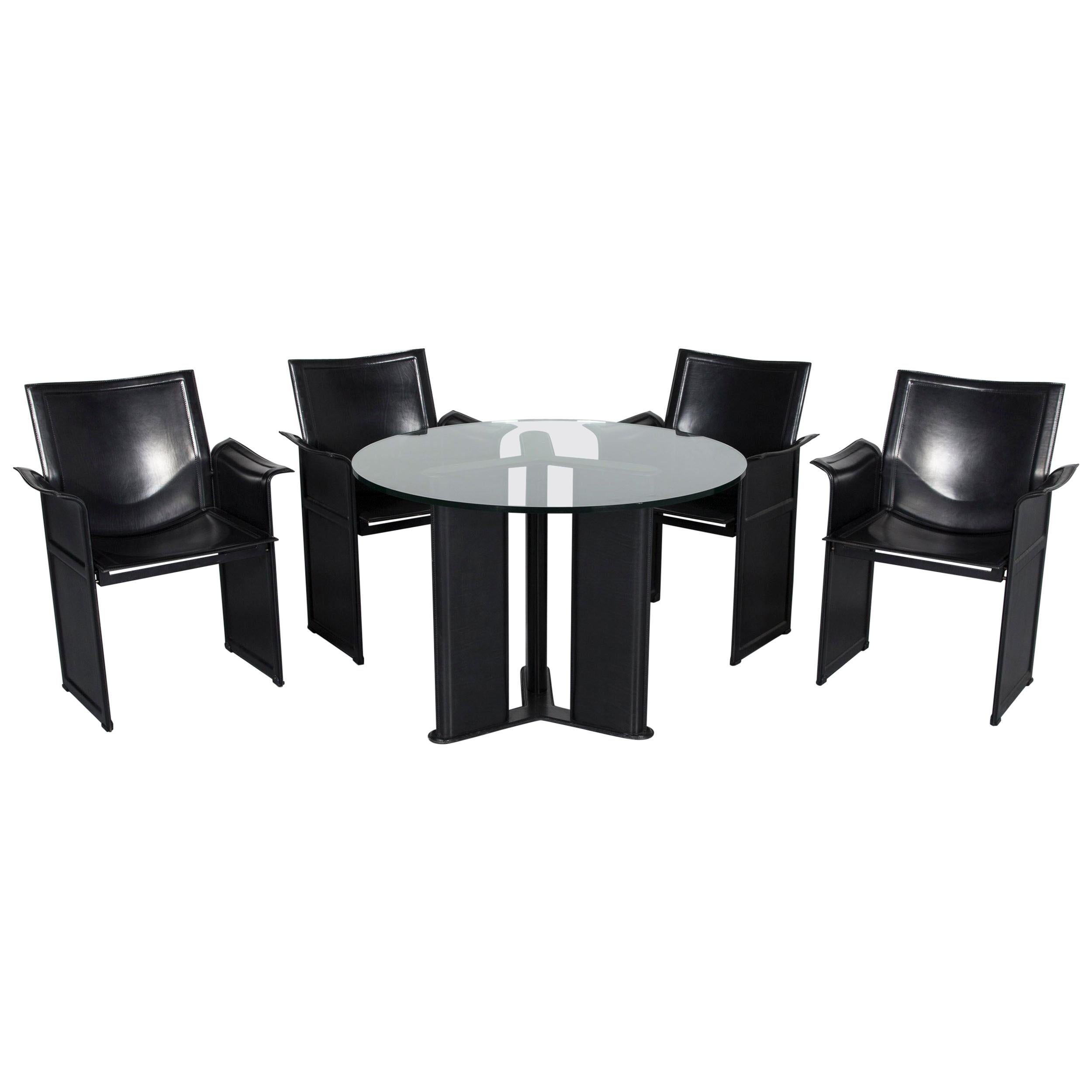 Matteo Grassi Korium Designer Leather Glass Table Armchair Set Coffeetable Black