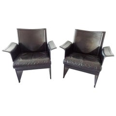 Matteo Grassi Korium Lounge Chairs Pair, by Tito Agnoli, Black Saddle Leather