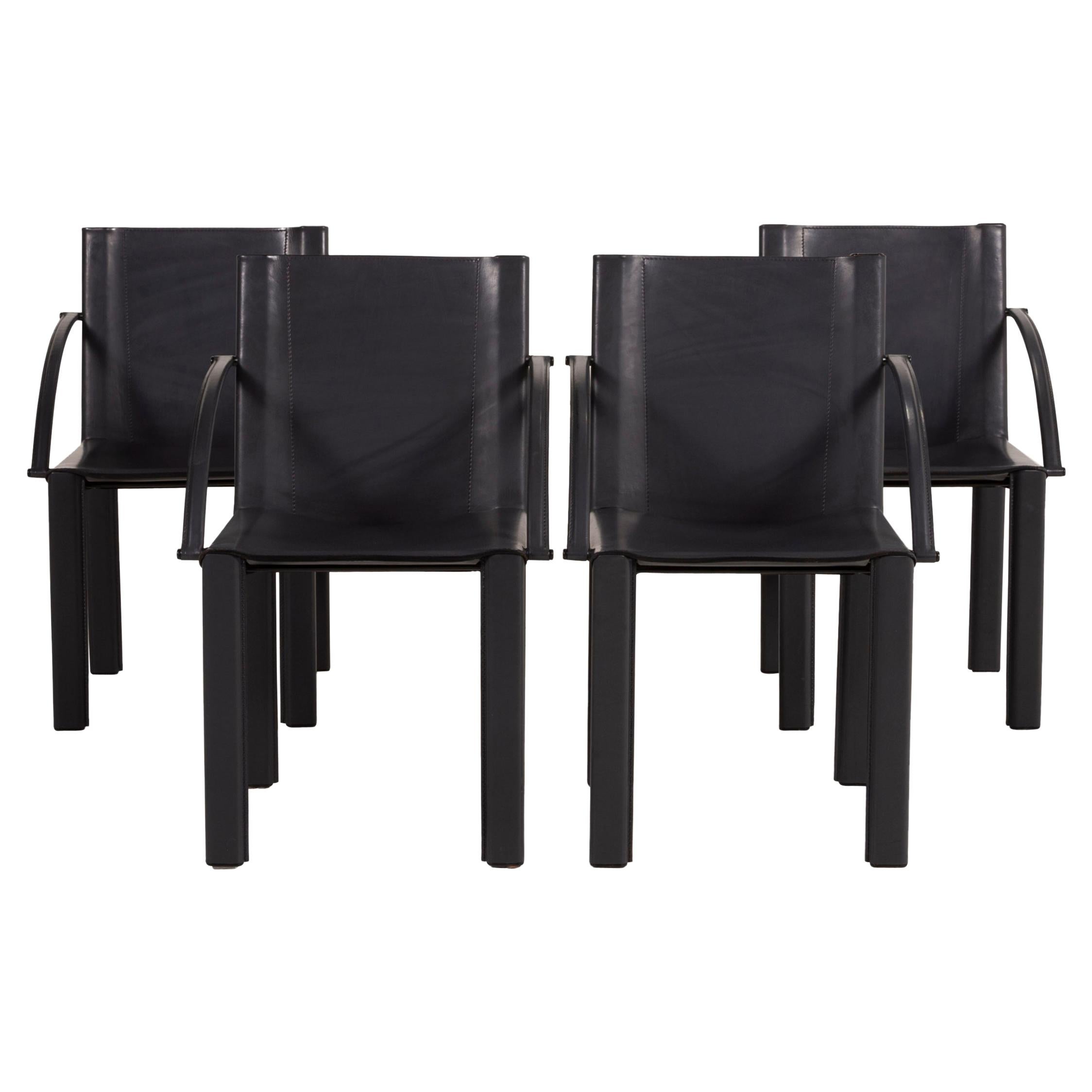 Matteo Grassi Leather Chair Set Black Vintage Armchair Set For Sale