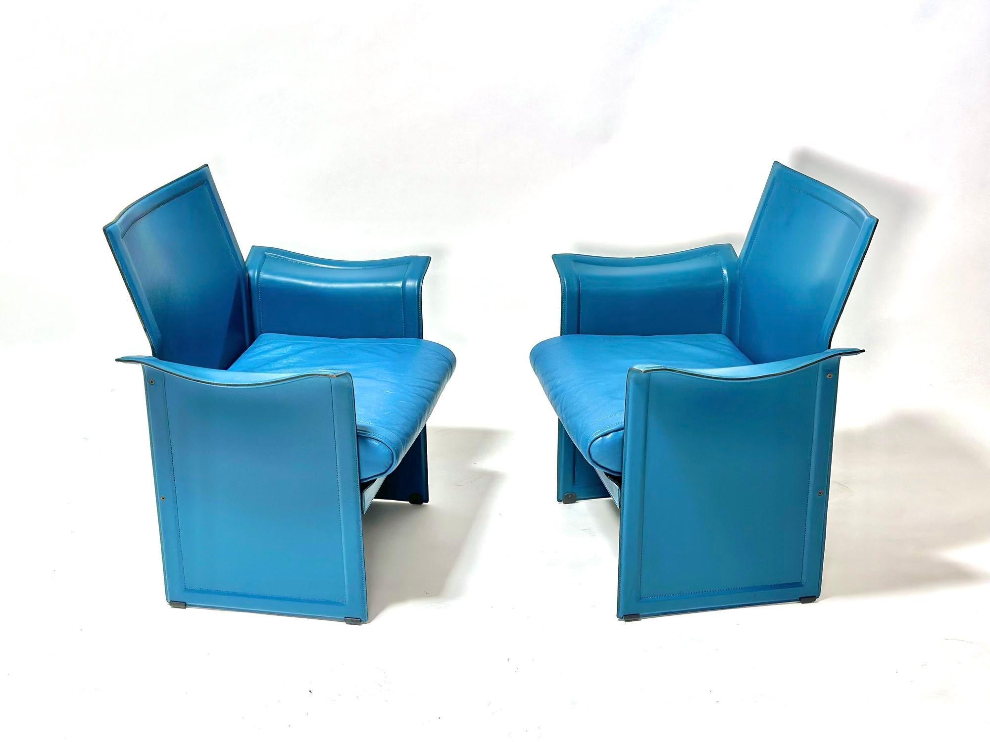 Matteo Grassi Pair Leather Lounge Chairs by Tito Agnoli. Italy 1980s. Original leather.