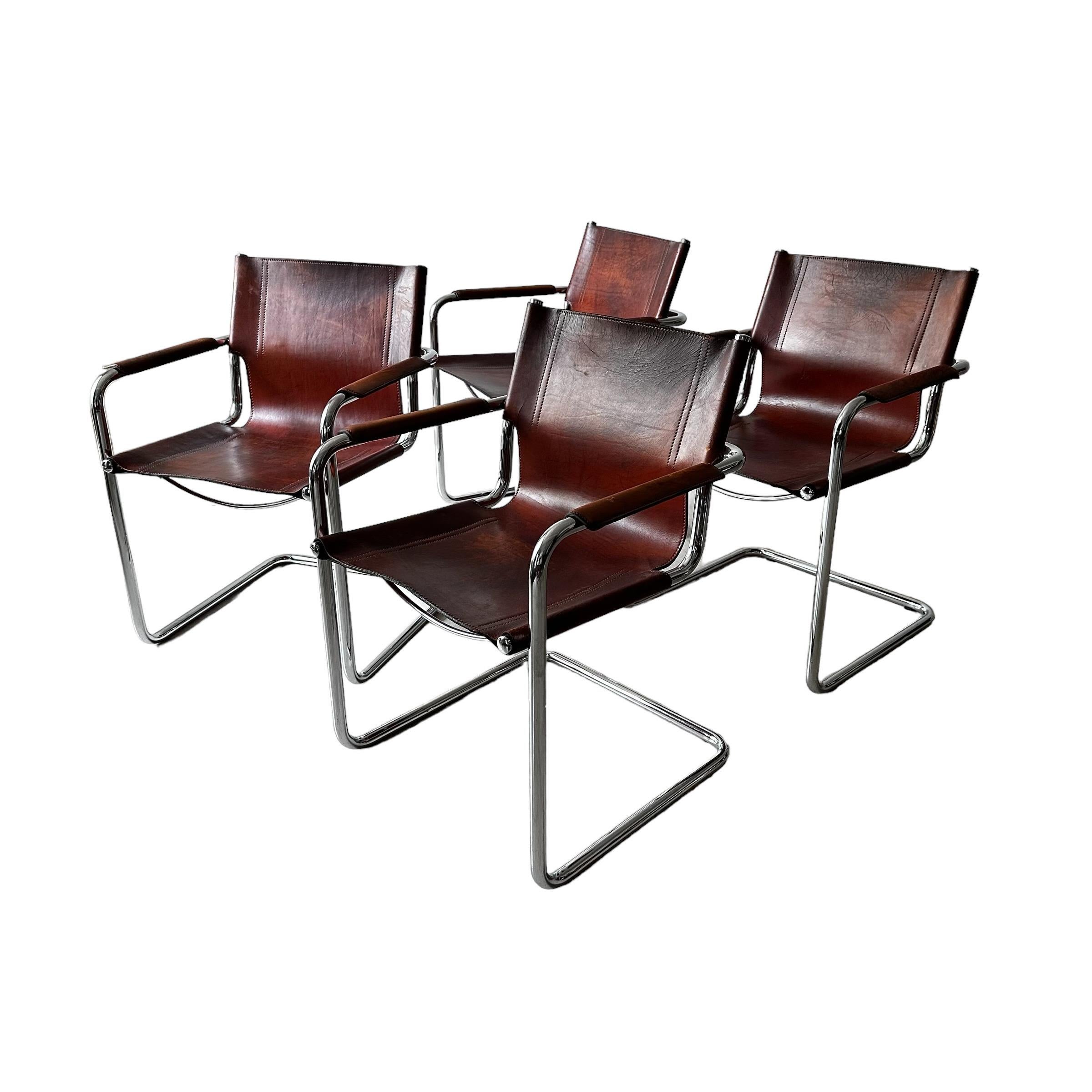 Mid-Century Modern Matteo Grassi, Set of 4 Armchairs in Patinated Cognac Leather, Italy 1970s For Sale