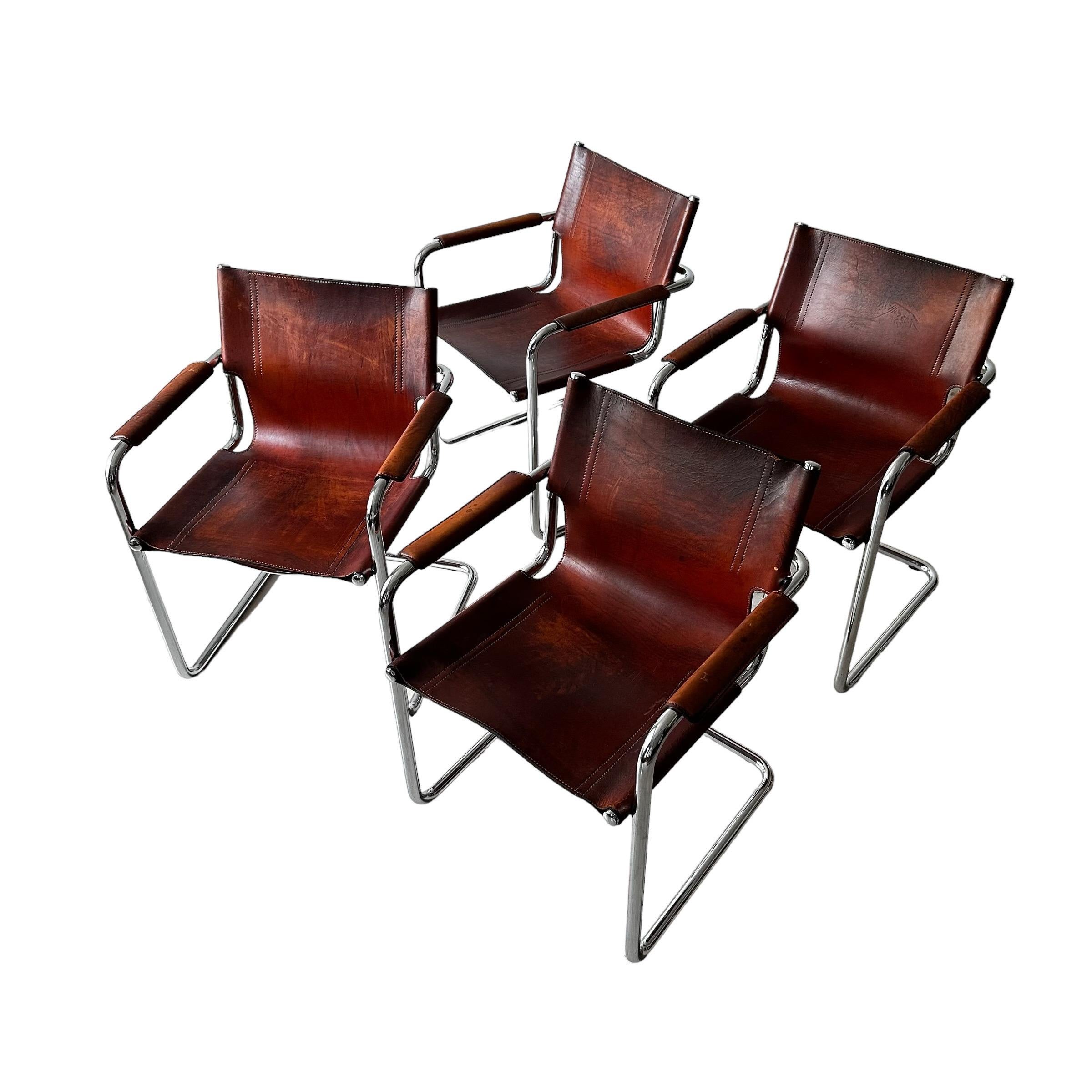Italian Matteo Grassi, Set of 4 Armchairs in Patinated Cognac Leather, Italy 1970s For Sale