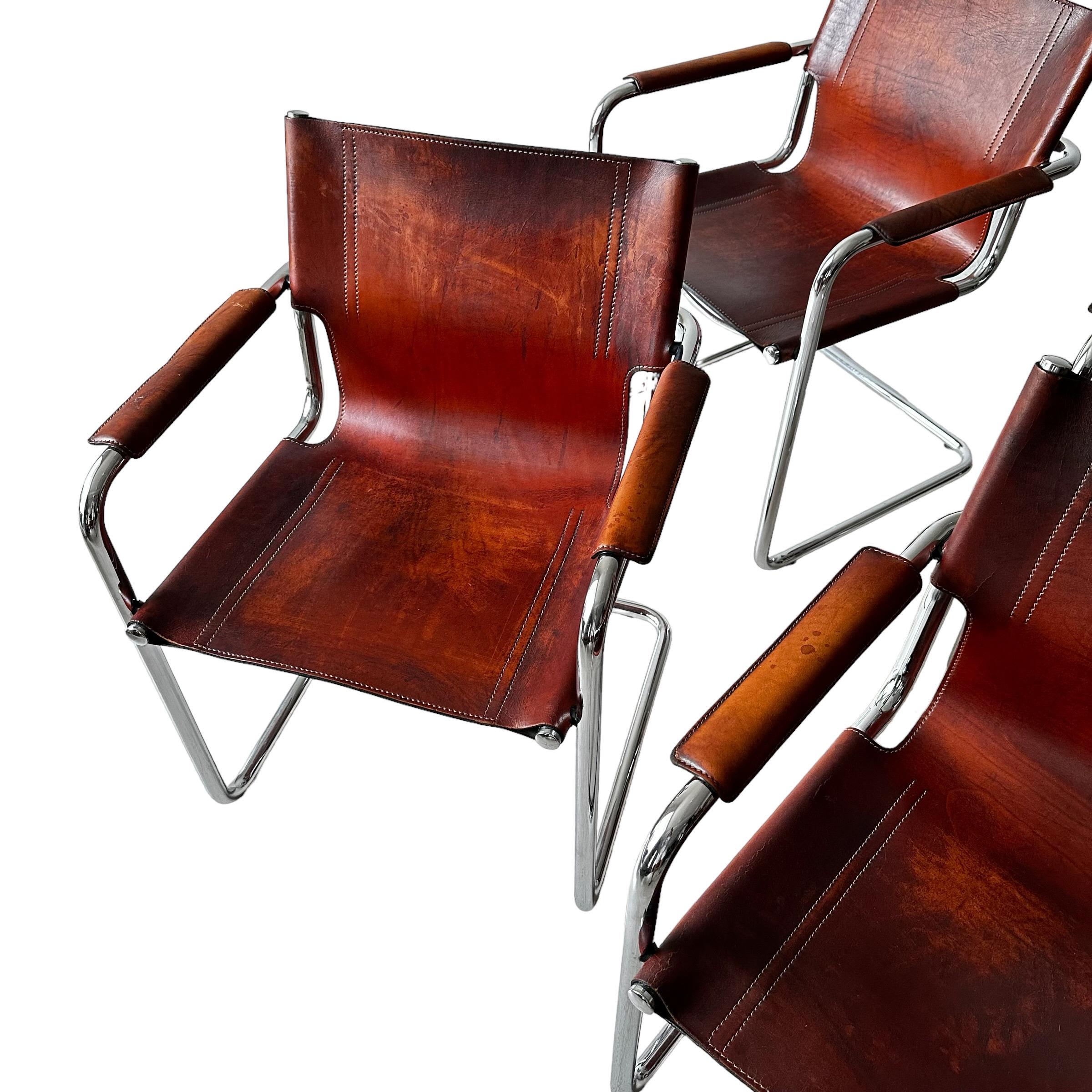 Late 20th Century Matteo Grassi, Set of 4 Armchairs in Patinated Cognac Leather, Italy 1970s For Sale