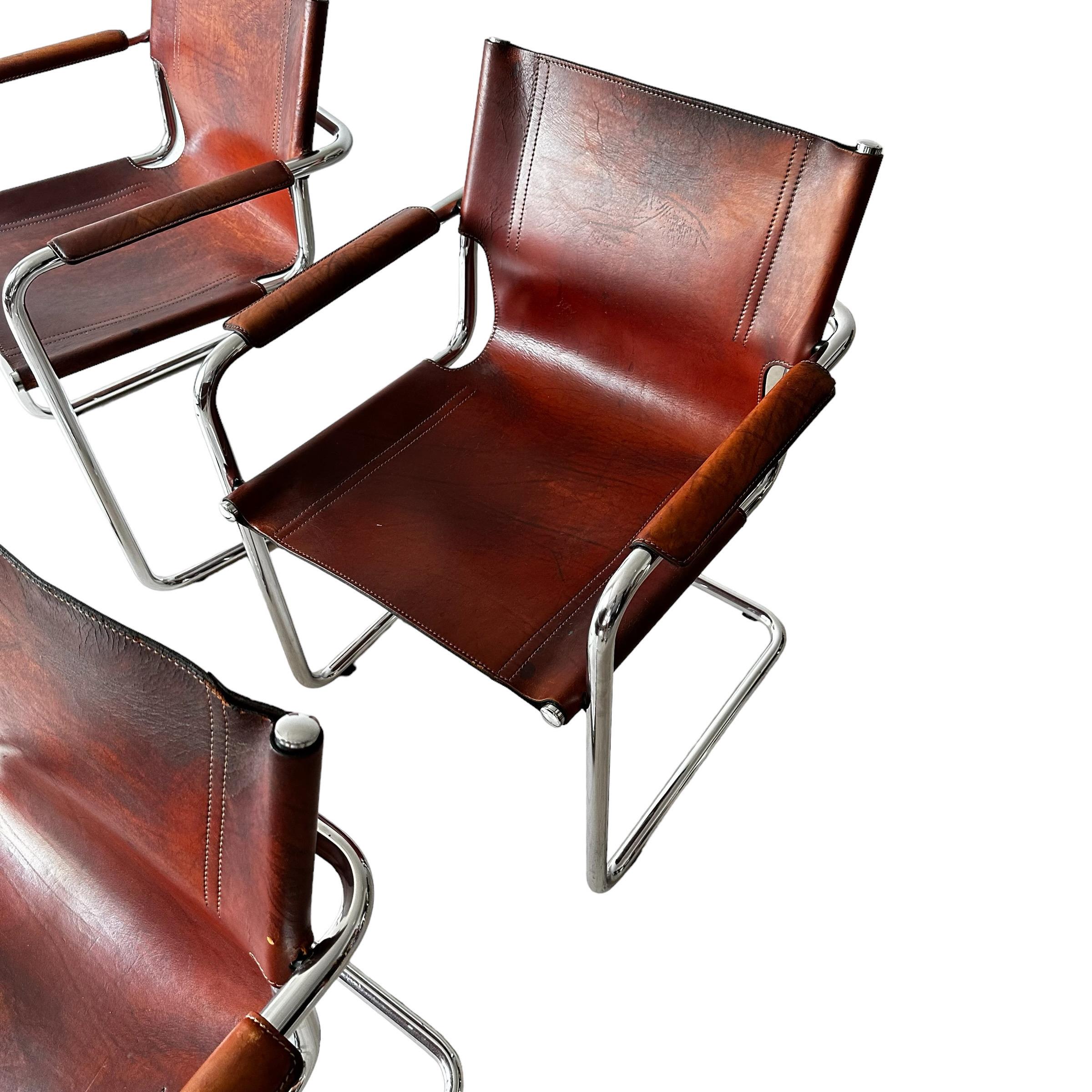 Metal Matteo Grassi, Set of 4 Armchairs in Patinated Cognac Leather, Italy 1970s For Sale