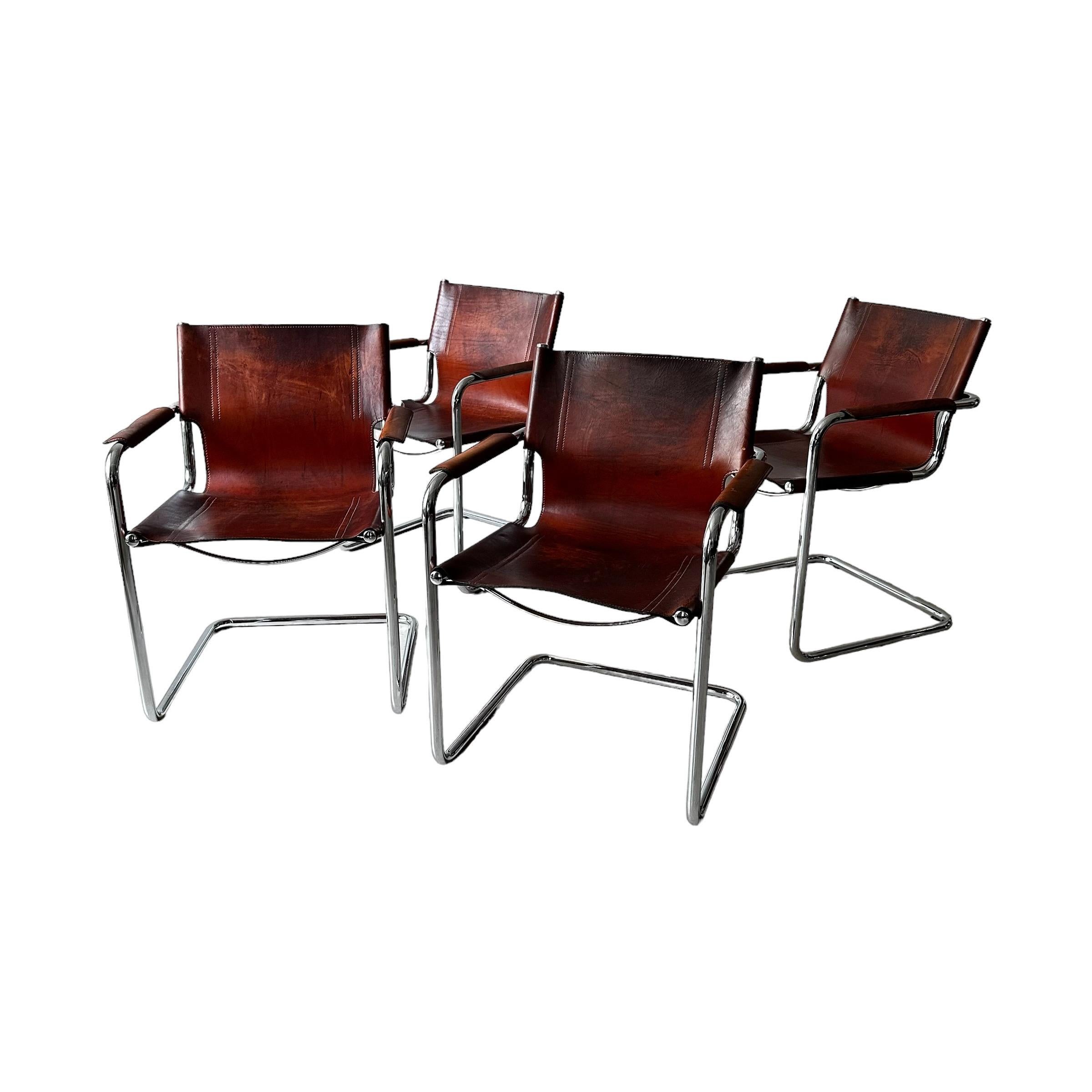 Matteo Grassi, Set of 4 Armchairs in Patinated Cognac Leather, Italy 1970s For Sale 1