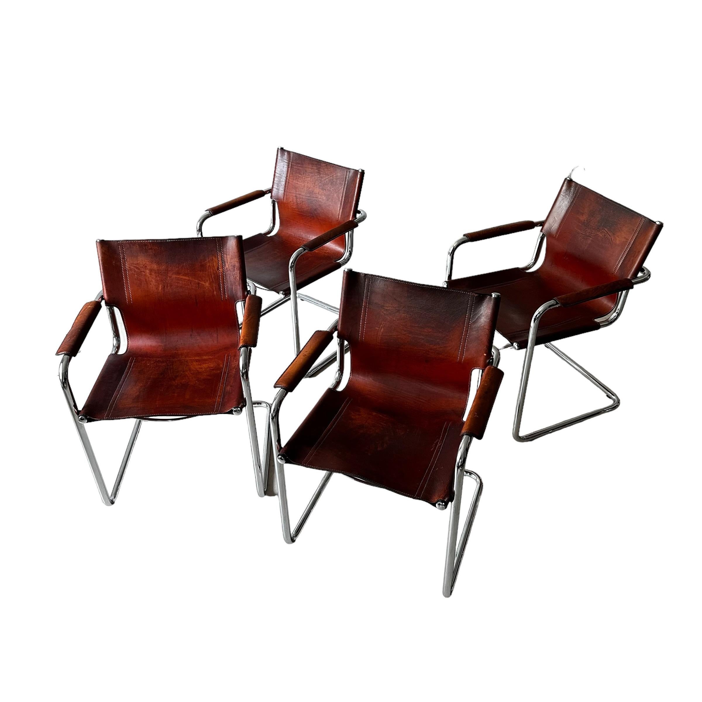 Matteo Grassi, Set of 4 Armchairs in Patinated Cognac Leather, Italy 1970s For Sale 2