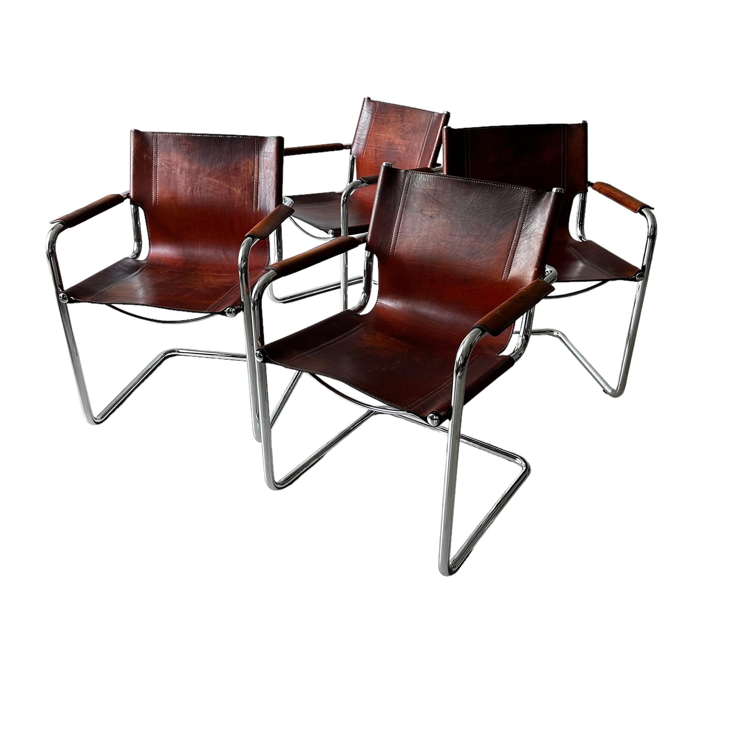 Matteo Grassi, Set of 4 Armchairs in Patinated Cognac Leather, Italy 1970s