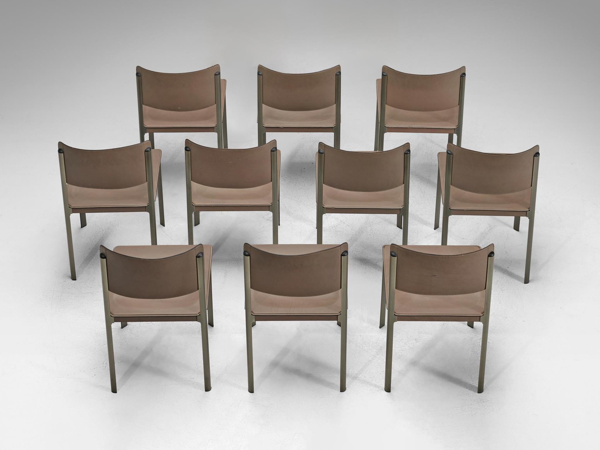 Italian Matteo Grassi Set of Ten Dining Chairs in Leather and Steel For Sale